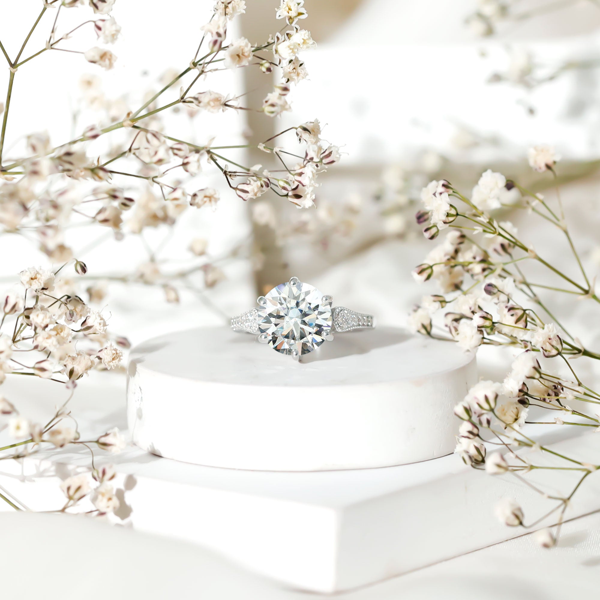 Certified 4.4 Carat Moissanite Round Engagement Ring in Silver D-VS1 92.5 Sterling Silver - Rosec Jewels