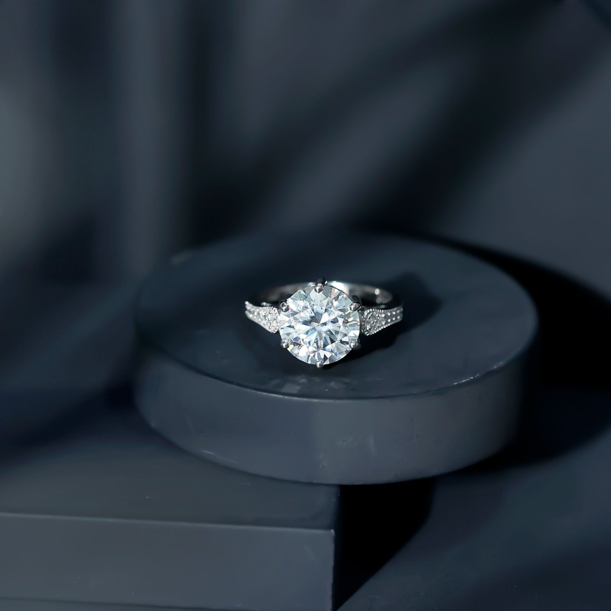 Certified 4.4 Carat Moissanite Round Engagement Ring in Silver D-VS1 92.5 Sterling Silver - Rosec Jewels
