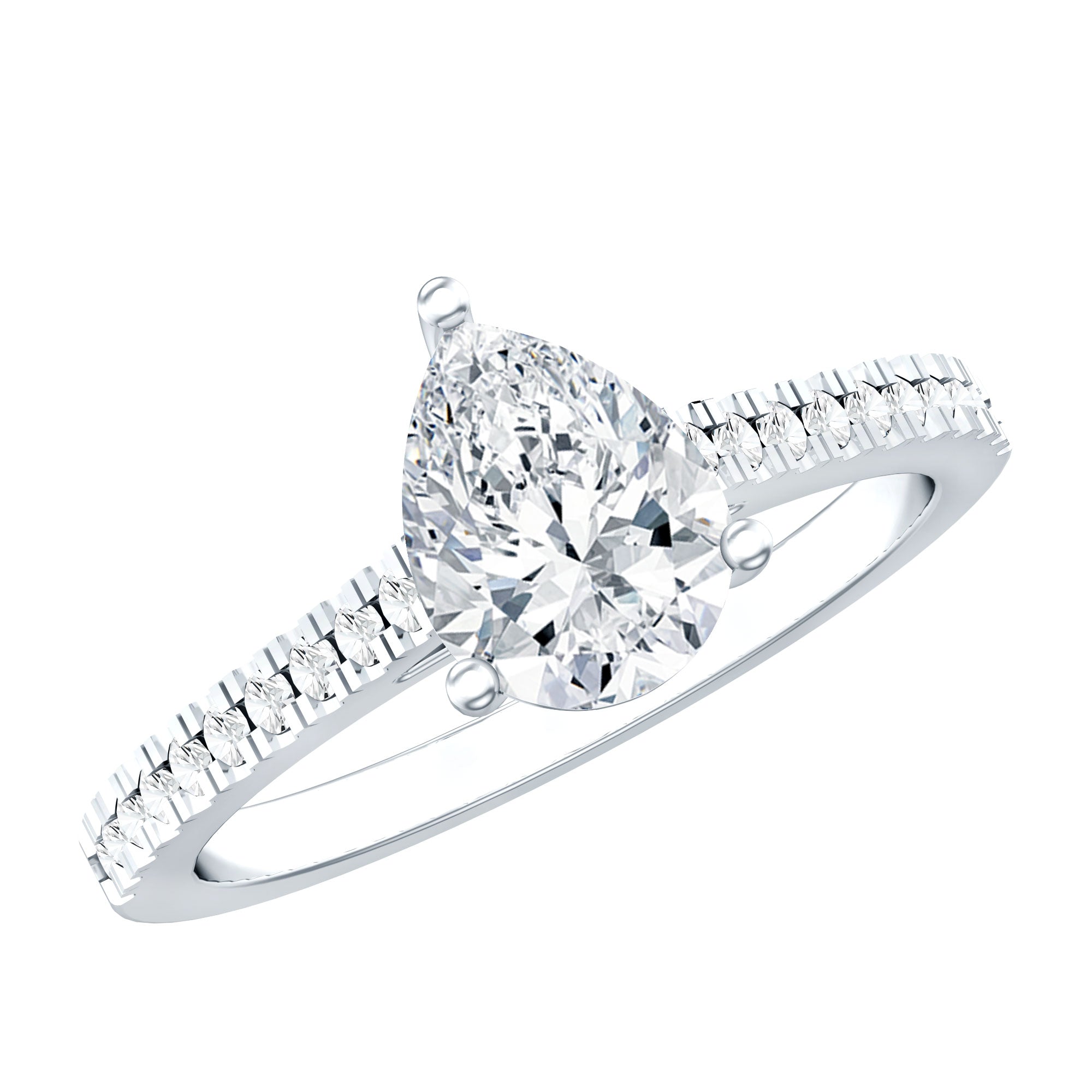 Certified Moissanite Pear Shape Engagement Ring with Side Stones D-VS1 92.5 Sterling Silver - Rosec Jewels
