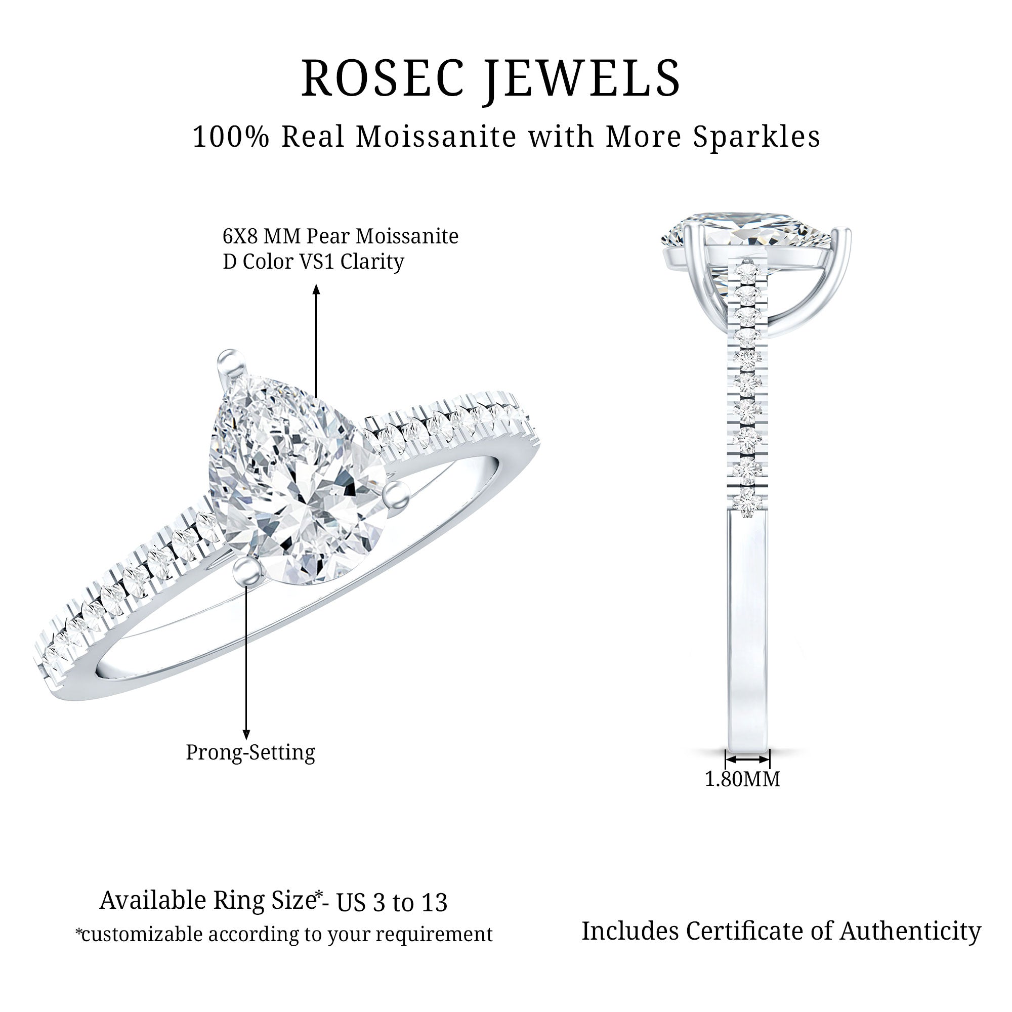 Certified Moissanite Pear Shape Engagement Ring with Side Stones D-VS1 92.5 Sterling Silver - Rosec Jewels