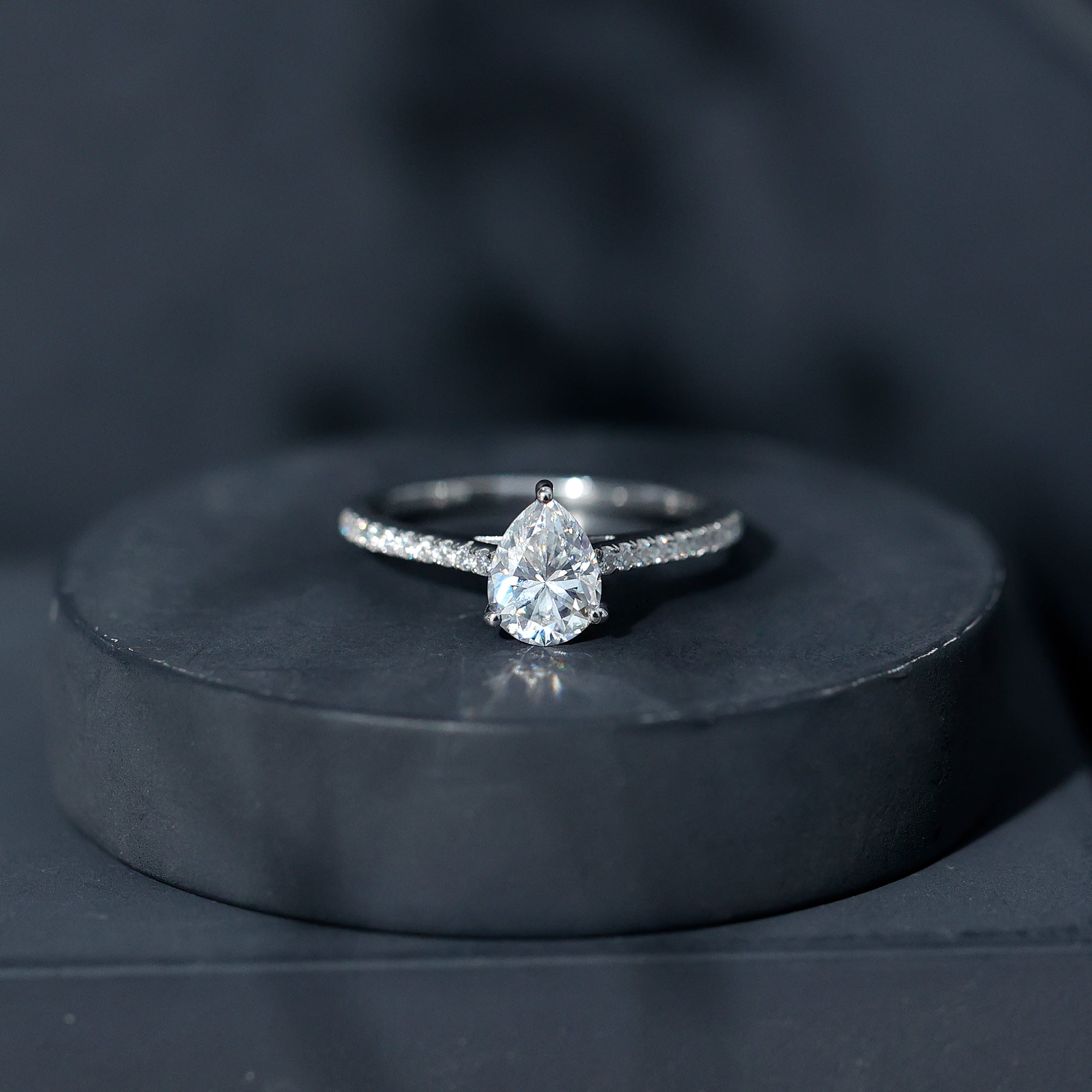 Certified Moissanite Pear Shape Engagement Ring with Side Stones D-VS1 92.5 Sterling Silver - Rosec Jewels
