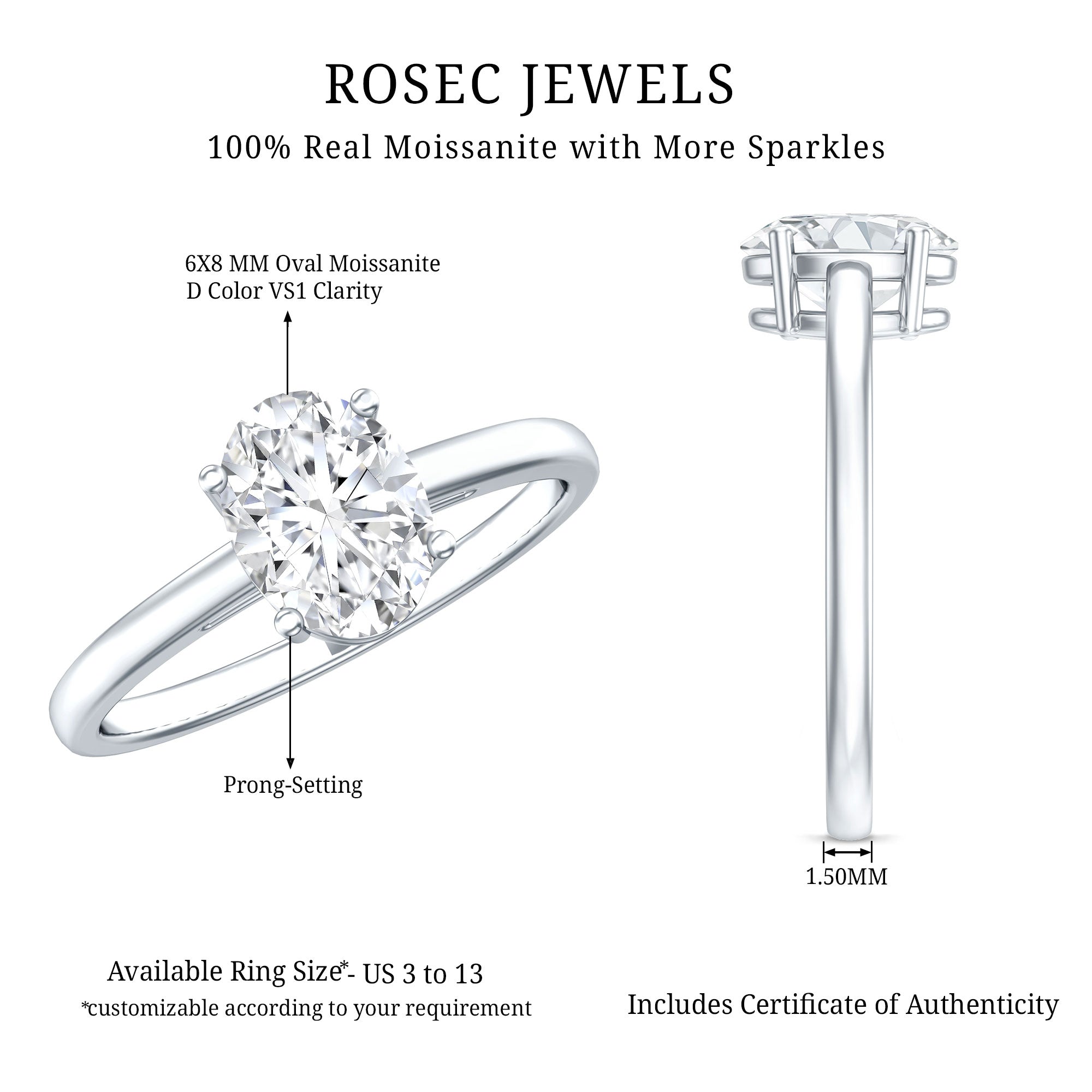 Certified 1.2 Carat Moissanite Oval Engagement Ring in Silver D-VS1 92.5 Sterling Silver - Rosec Jewels