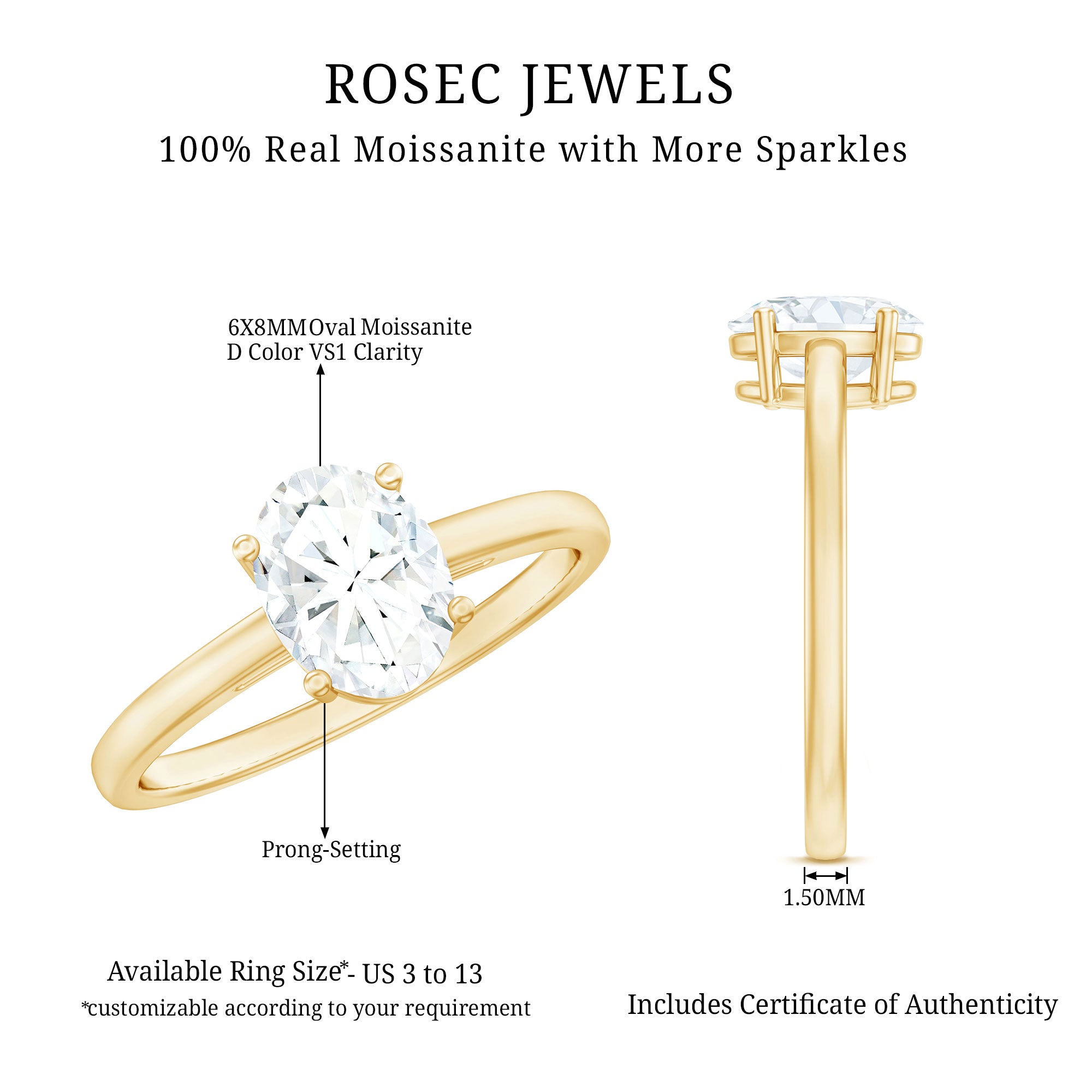 Rosec Jewels-Certified 6X8mm Solitaire Moissanite Oval Engagement Ring