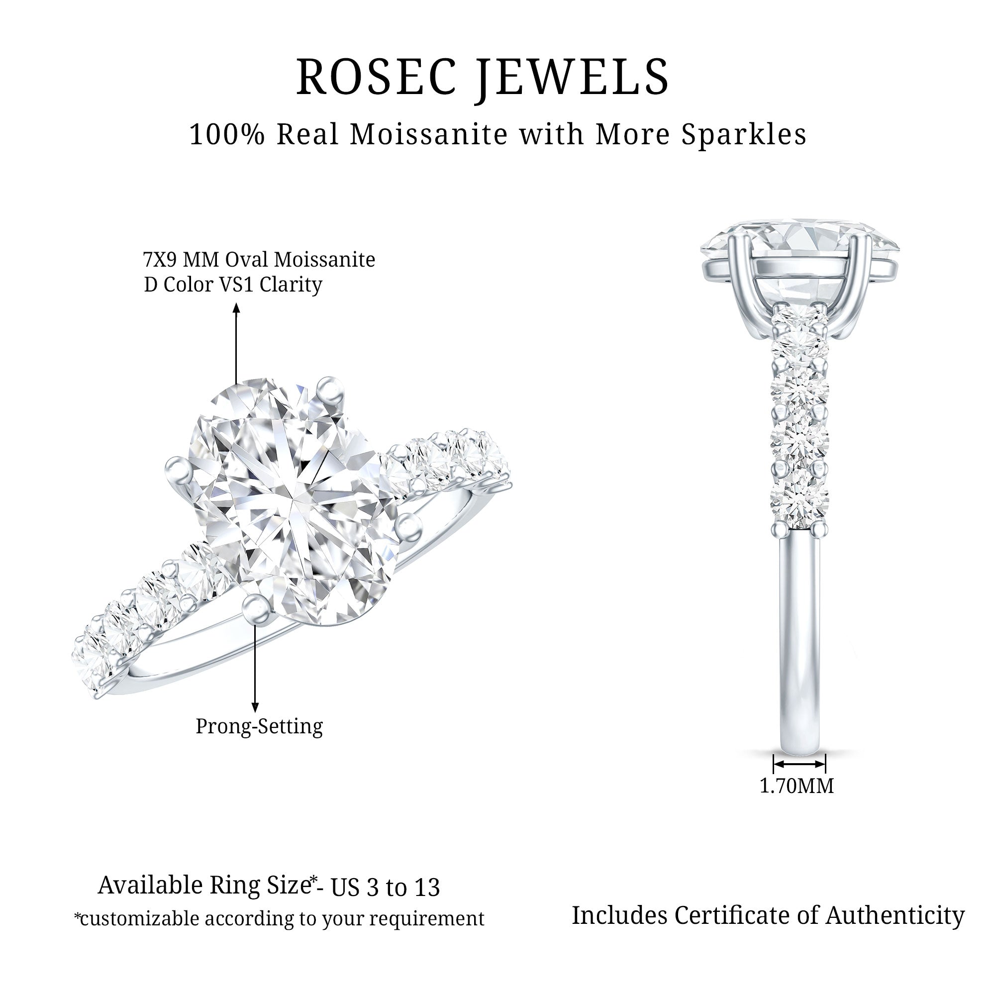 Certified 2 Carat Moissanite Oval Engagement Ring with Side Stones D-VS1 92.5 Sterling Silver - Rosec Jewels