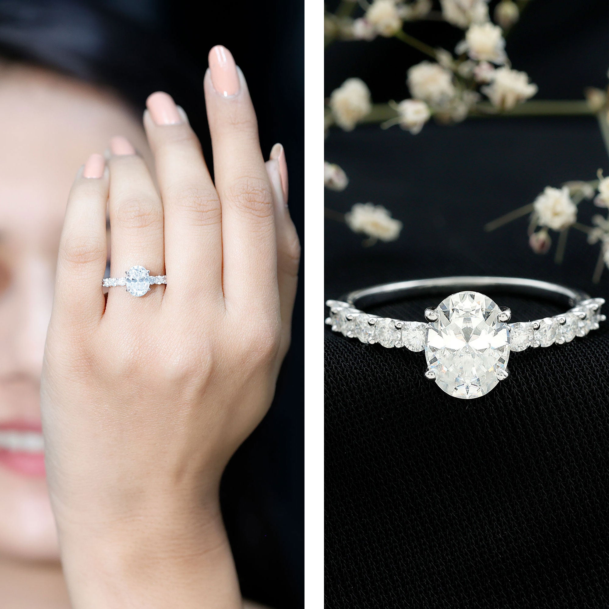 Certified 2 Carat Moissanite Oval Engagement Ring with Side Stones D-VS1 92.5 Sterling Silver - Rosec Jewels