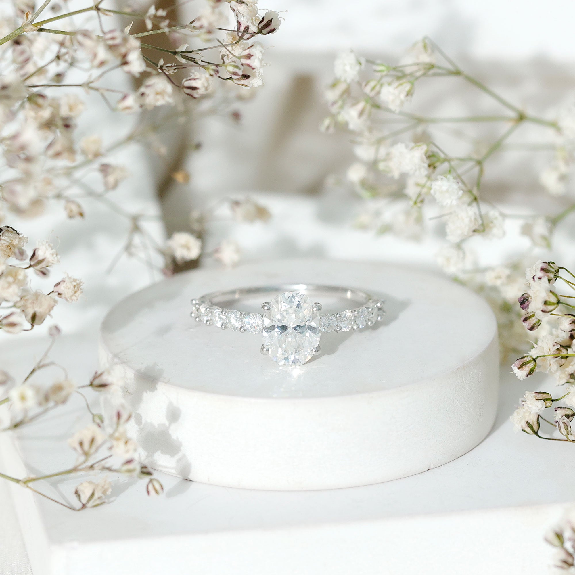 Certified 2 Carat Moissanite Oval Engagement Ring with Side Stones D-VS1 92.5 Sterling Silver - Rosec Jewels