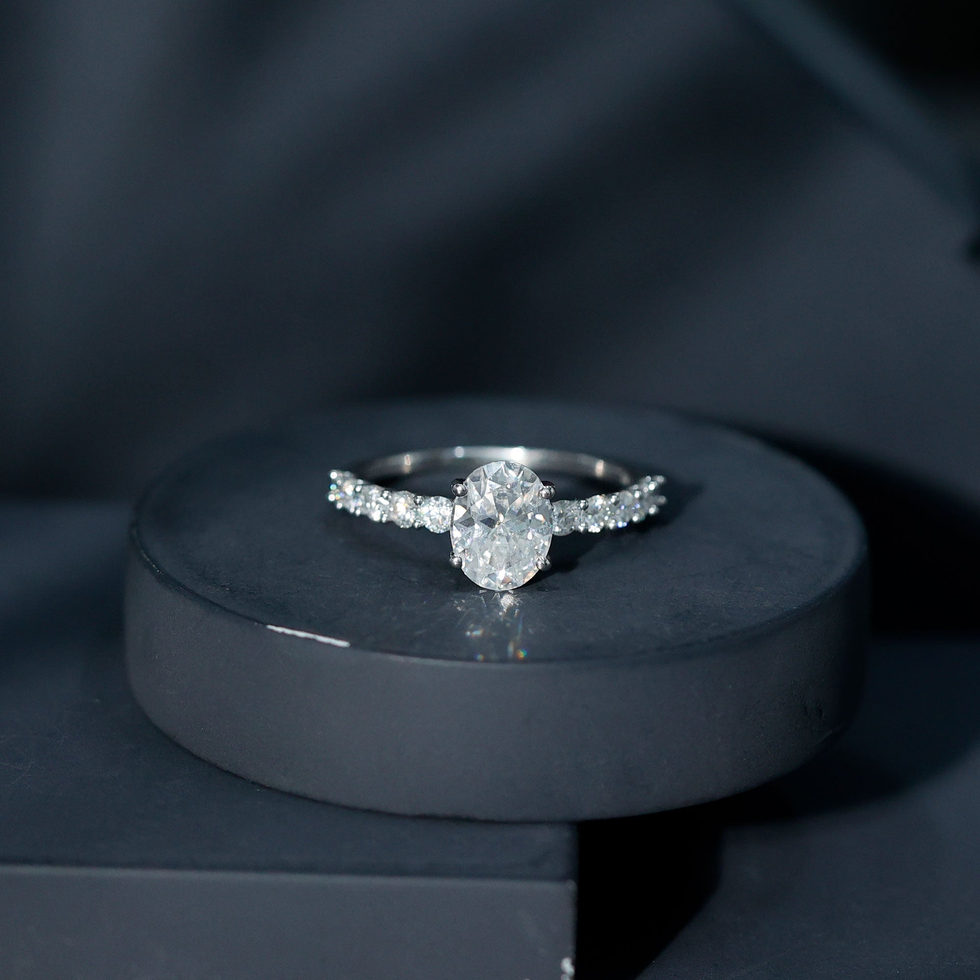 Certified 2 Carat Moissanite Oval Engagement Ring with Side Stones D-VS1 92.5 Sterling Silver - Rosec Jewels