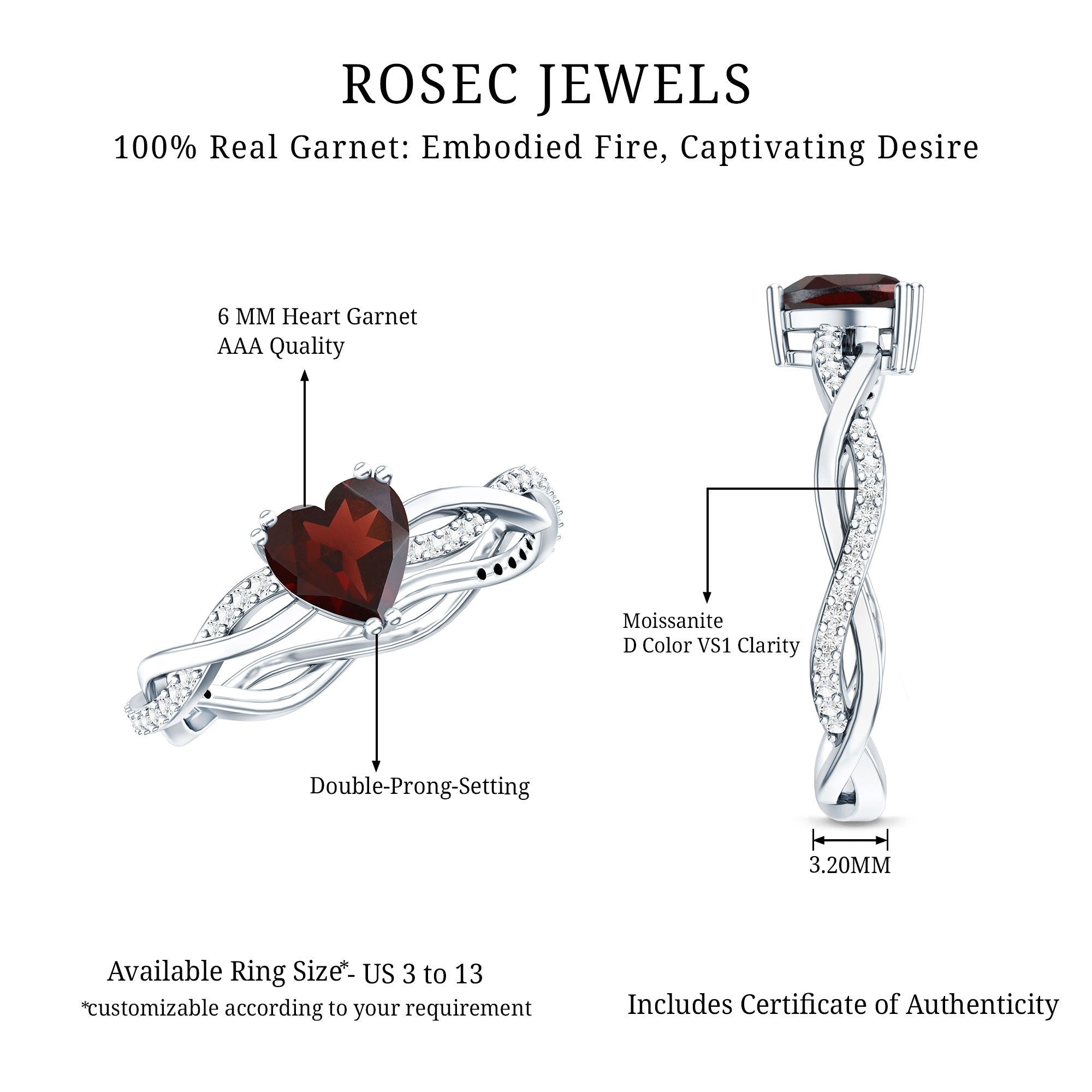 Real 1 Carat Garnet Heart Engagement Ring with Moissanite Braided Shank AAA 92.5 Sterling Silver - Rosec Jewels