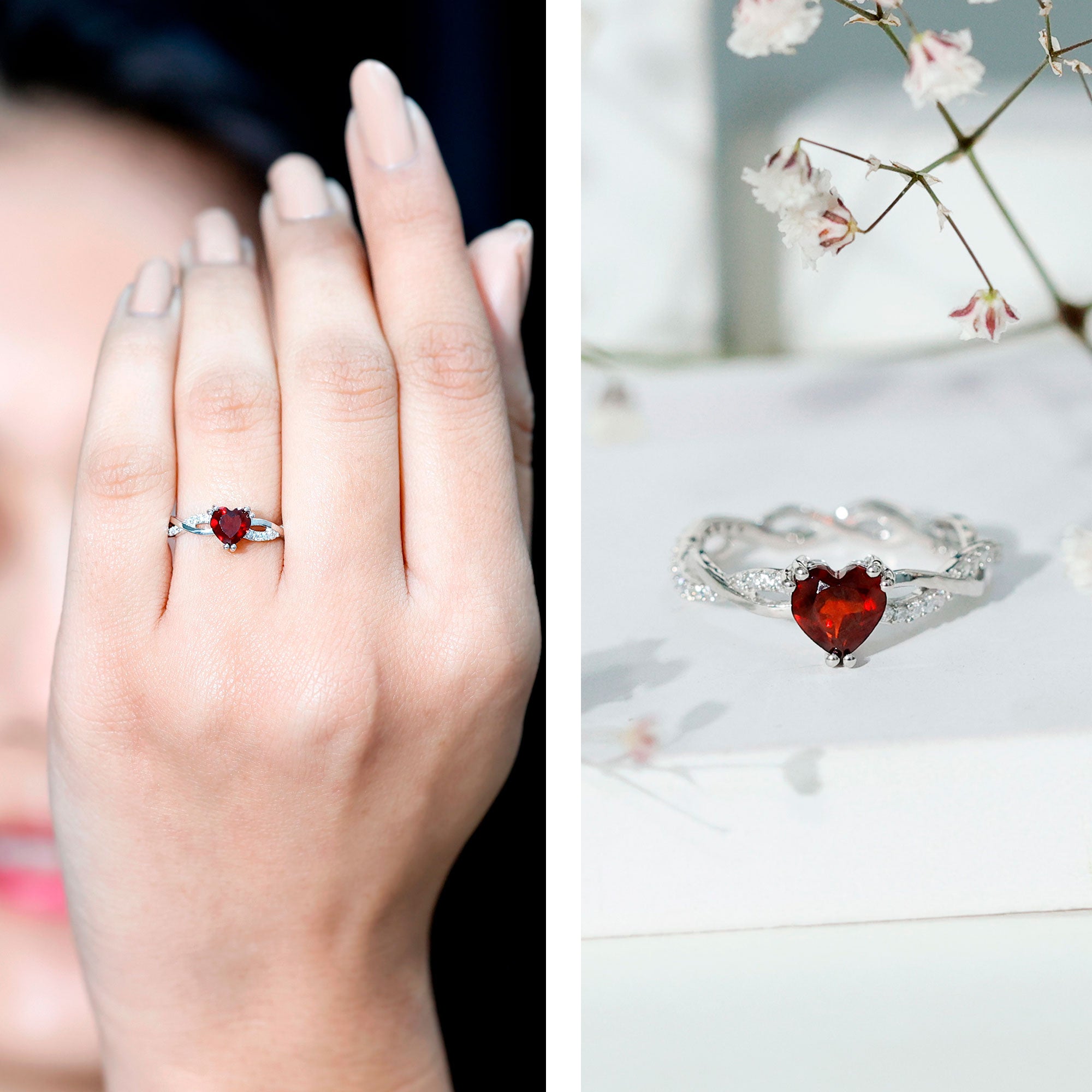 Real 1 Carat Garnet Heart Engagement Ring with Moissanite Braided Shank AAA 92.5 Sterling Silver - Rosec Jewels