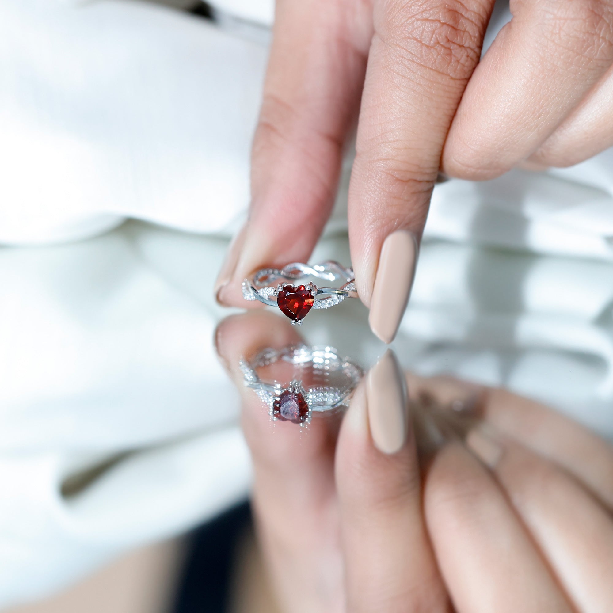 Real 1 Carat Garnet Heart Engagement Ring with Moissanite Braided Shank AAA 92.5 Sterling Silver - Rosec Jewels