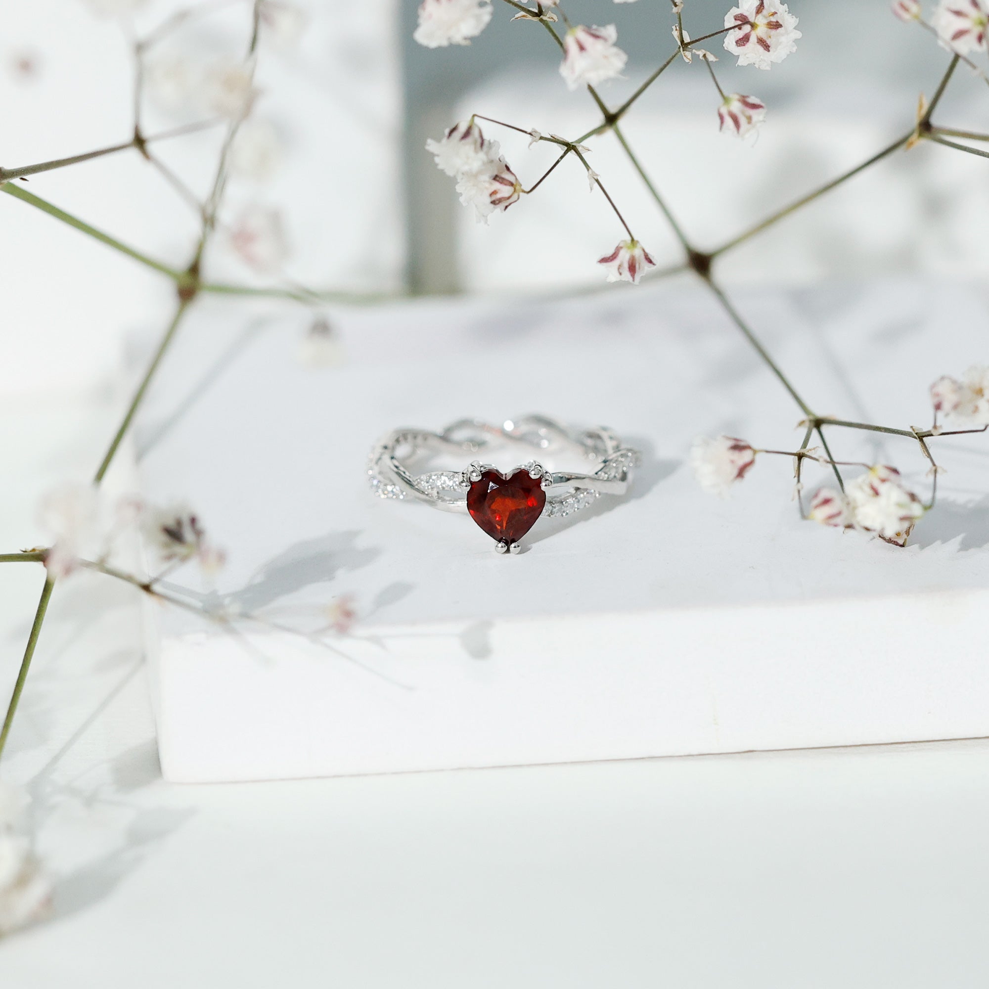 Real 1 Carat Garnet Heart Engagement Ring with Moissanite Braided Shank AAA 92.5 Sterling Silver - Rosec Jewels