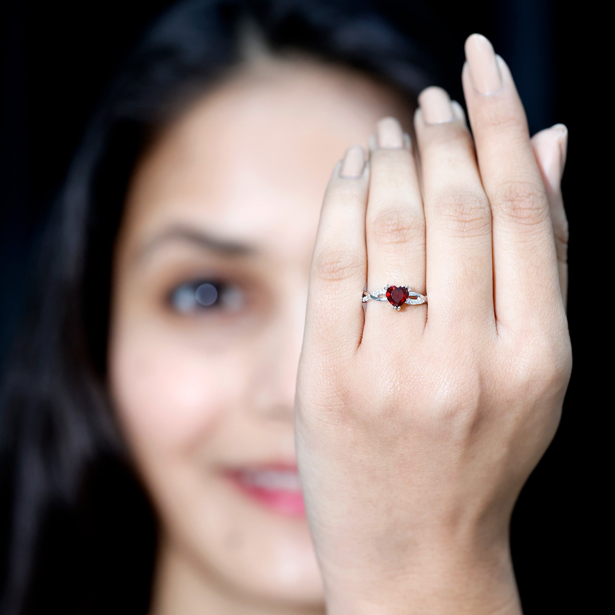 Real 1 Carat Garnet Heart Engagement Ring with Moissanite Braided Shank AAA 92.5 Sterling Silver - Rosec Jewels