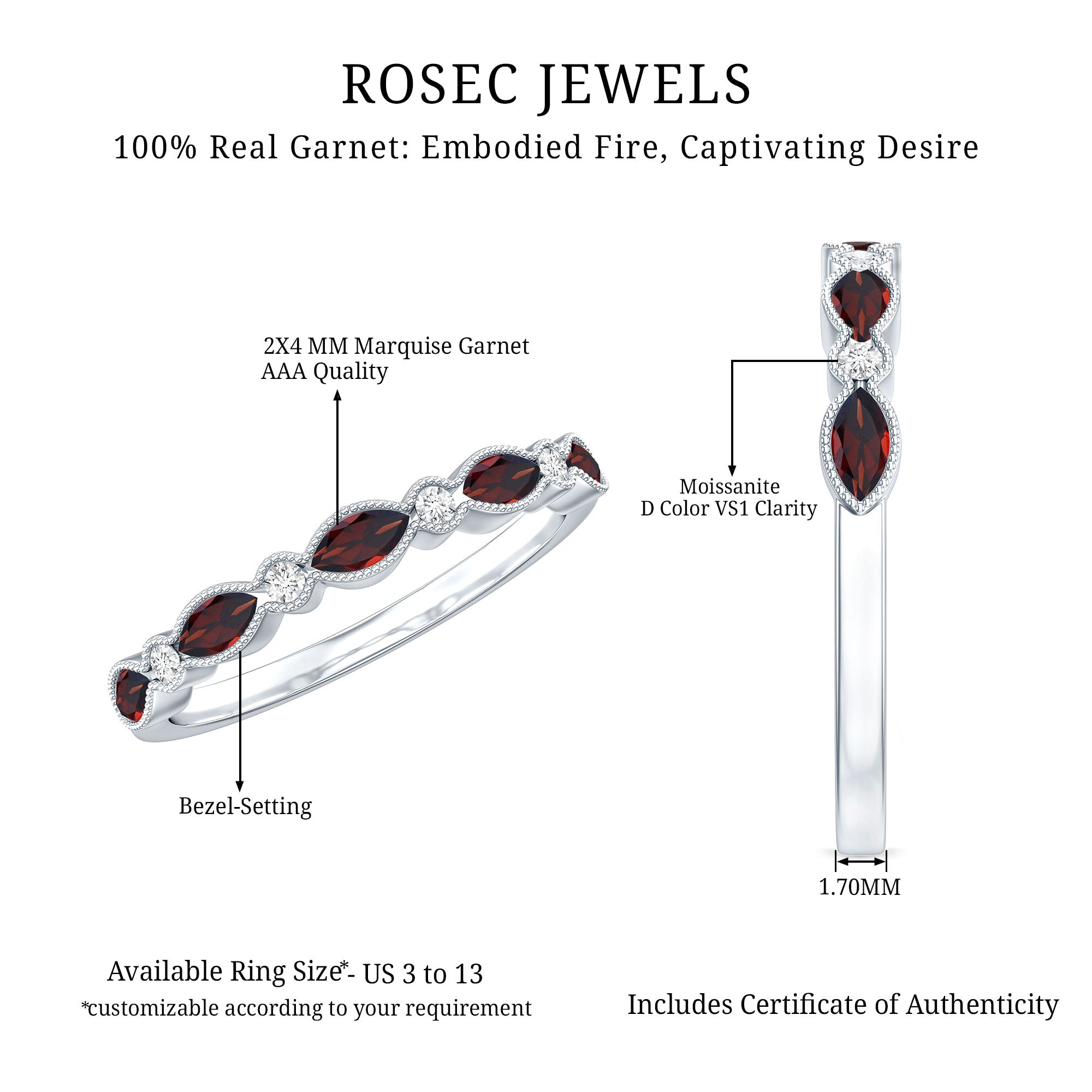 Marquise Cut Real Garnet Eternity Ring with Moissanite AAA 92.5 Sterling Silver - Rosec Jewels