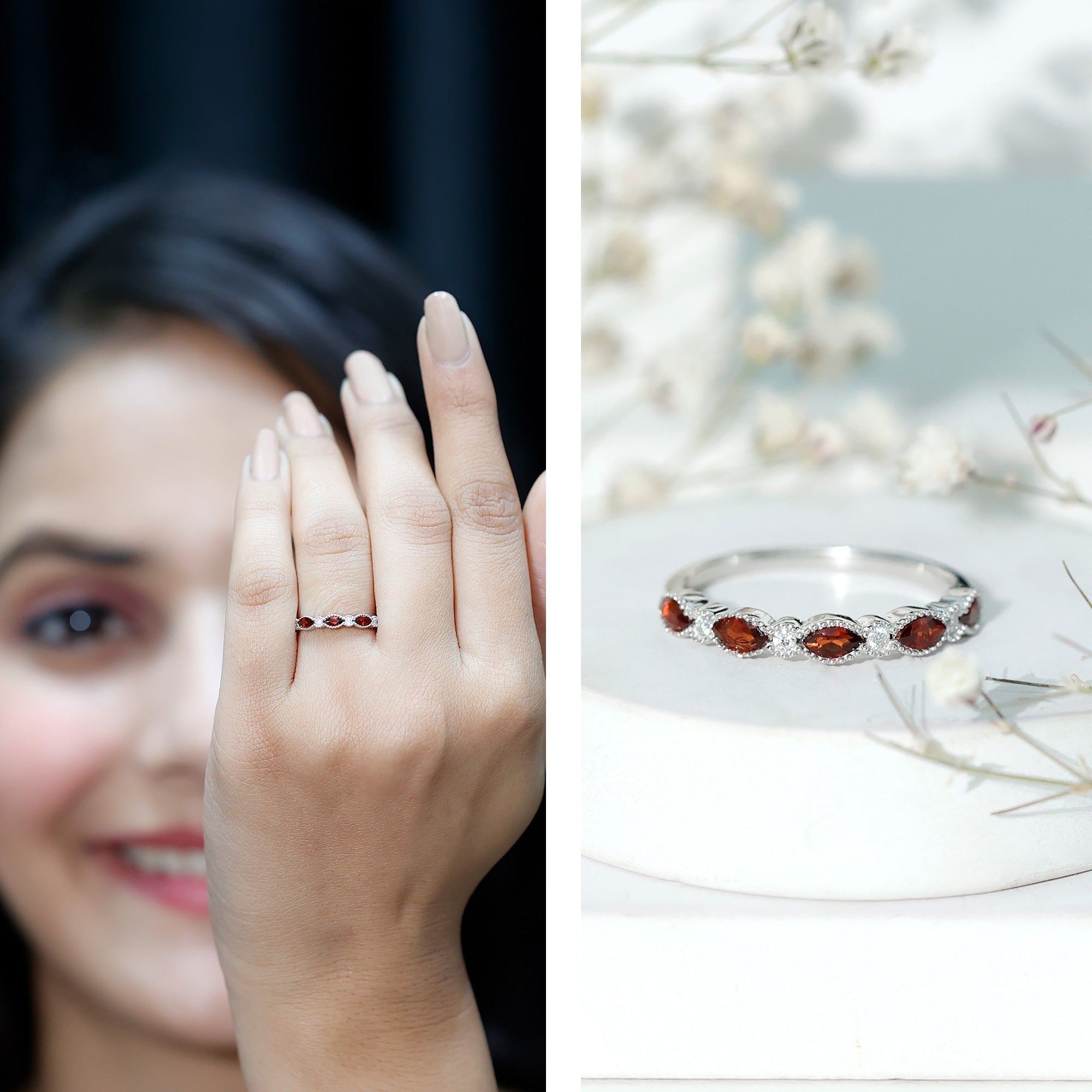 Marquise Cut Real Garnet Eternity Ring with Moissanite AAA 92.5 Sterling Silver - Rosec Jewels
