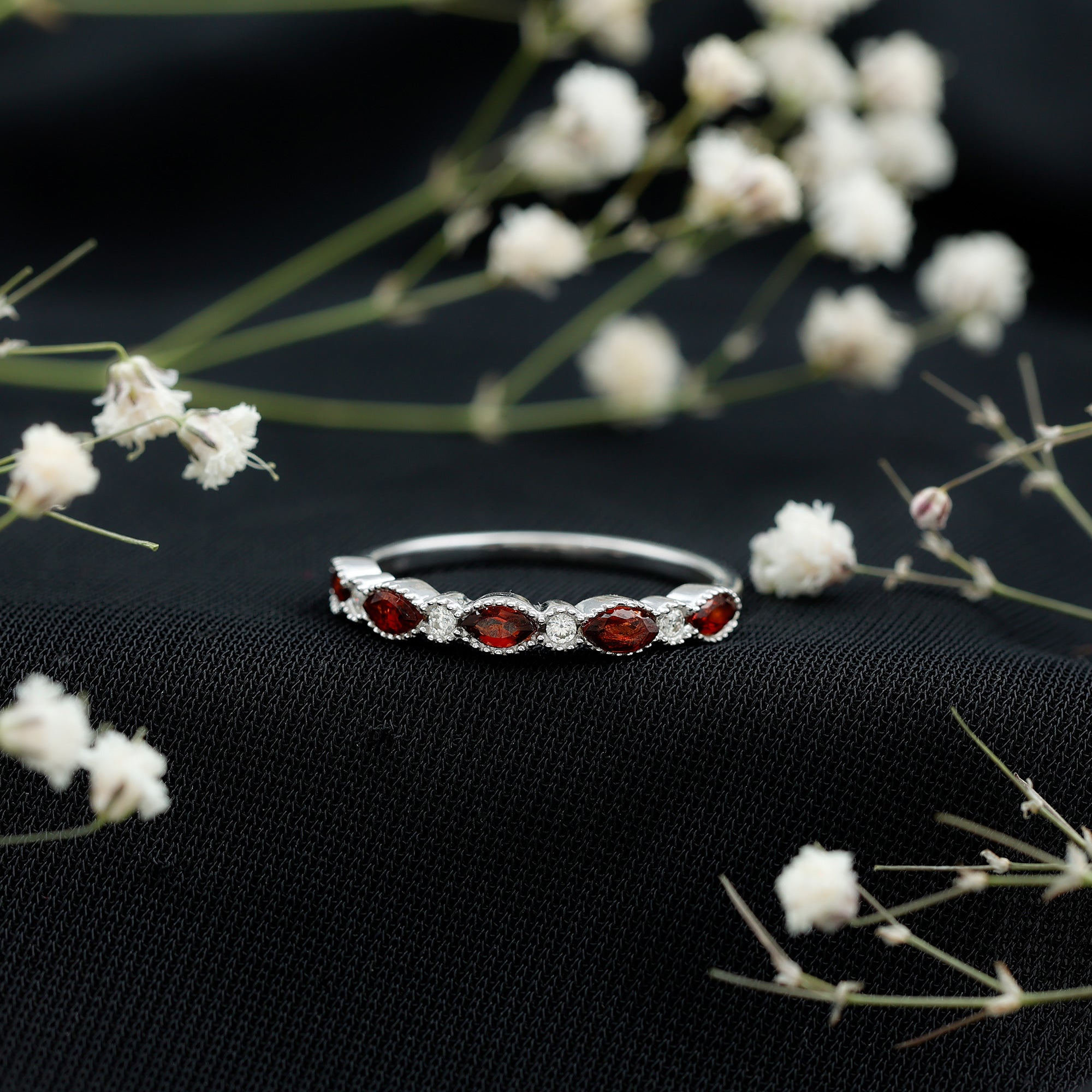 Marquise Cut Real Garnet Eternity Ring with Moissanite AAA 92.5 Sterling Silver - Rosec Jewels