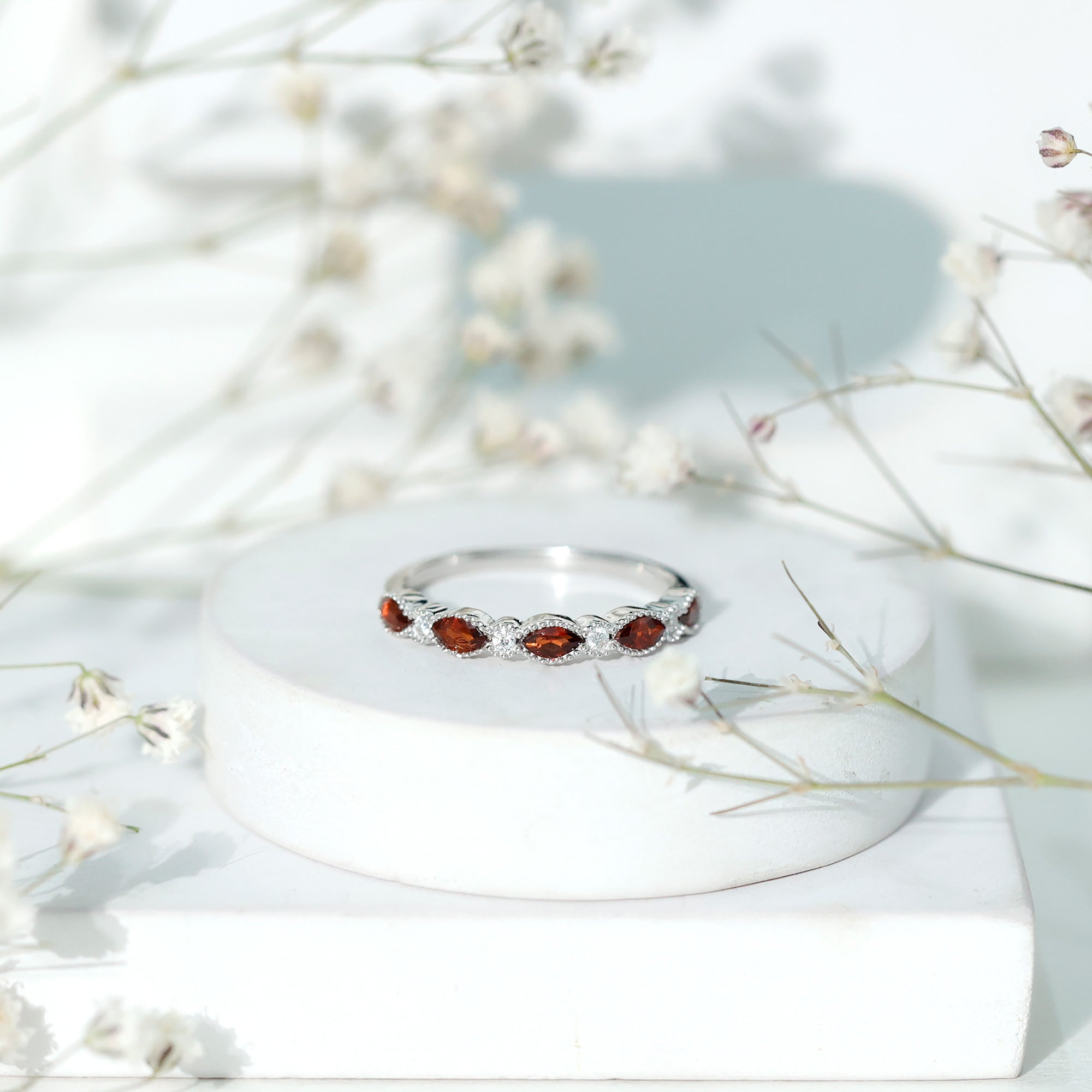 Marquise Cut Real Garnet Eternity Ring with Moissanite AAA 92.5 Sterling Silver - Rosec Jewels