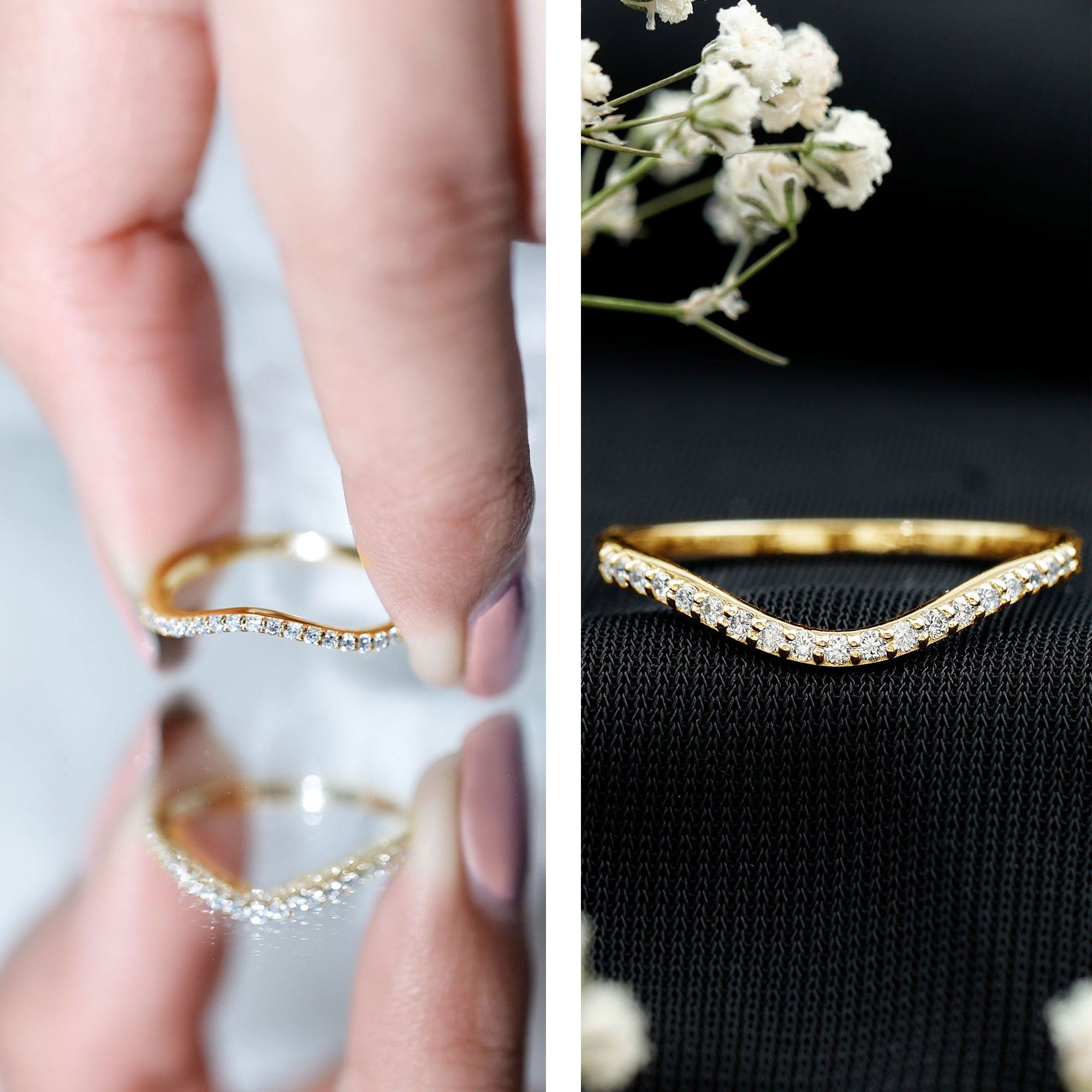 Curved Lab Grown Diamond Wedding Band – Chevron Pavé Contour Ring Lab - ( EF-VS ) 14K Yellow Gold - Rosec Jewels
