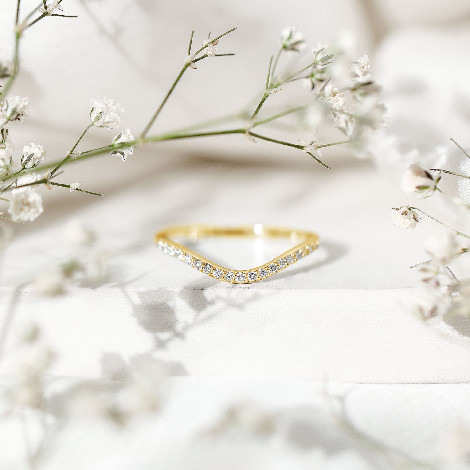 Curved Lab Grown Diamond Wedding Band – Chevron Pavé Contour Ring Lab - ( EF-VS ) 14K Yellow Gold - Rosec Jewels