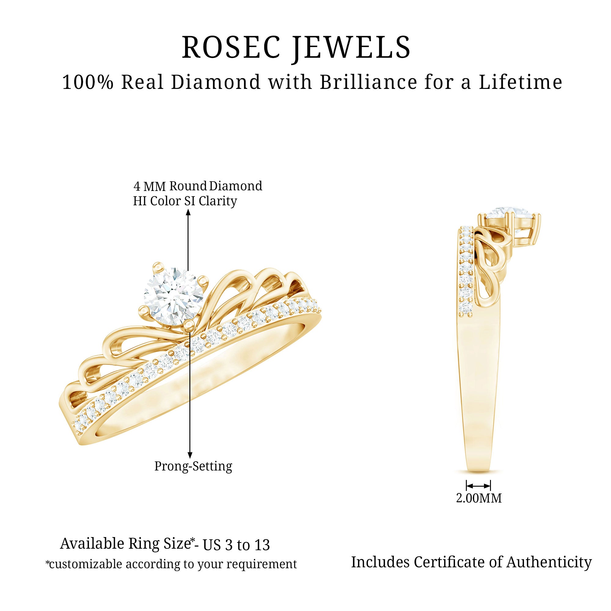 Certified Round Diamond Crown Ring Natural - ( HI-SI ) - Rosec Jewels
