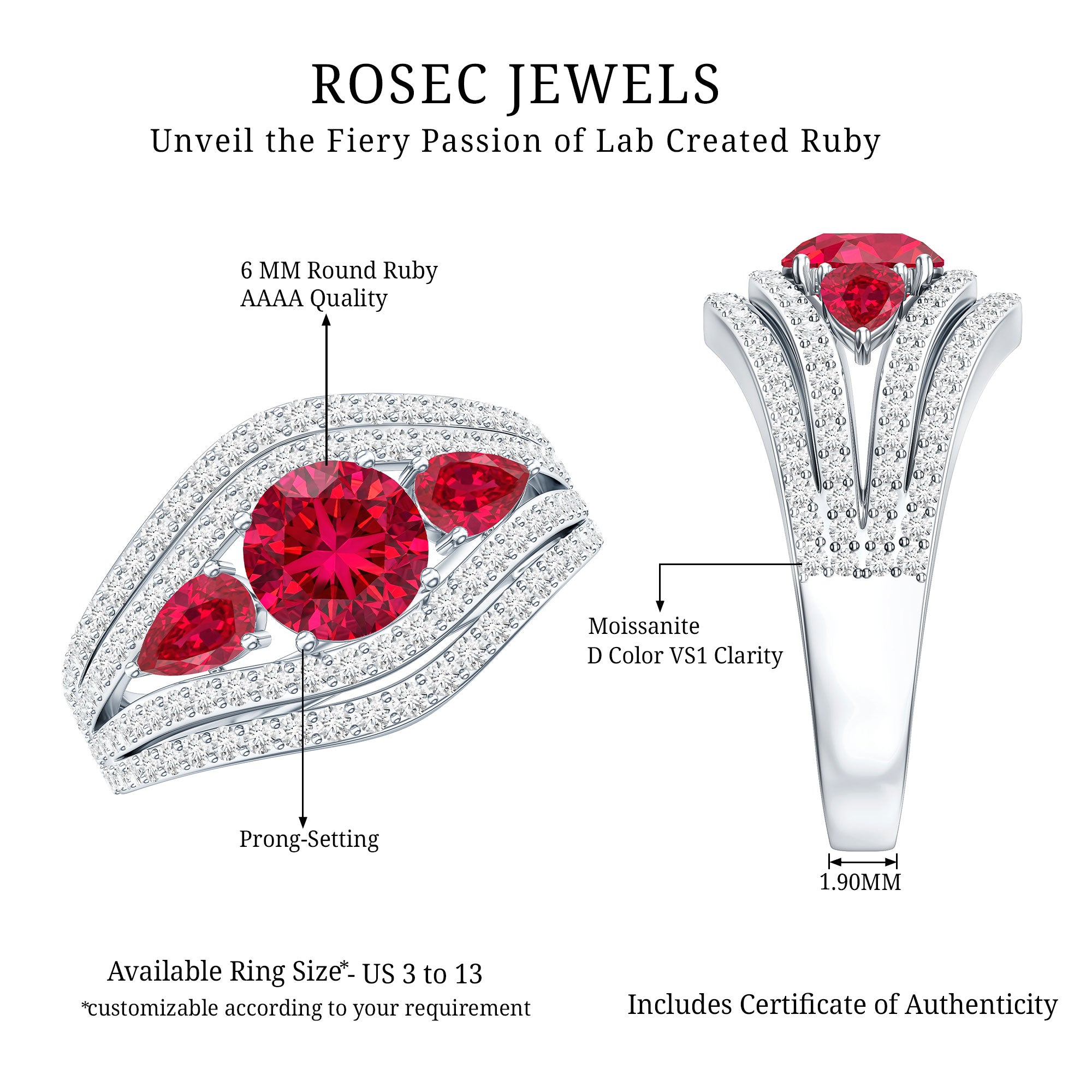 Designer Lab Created Ruby 3 Stone Engagement Ring With Moissanite AAAA - Rosec Jewels