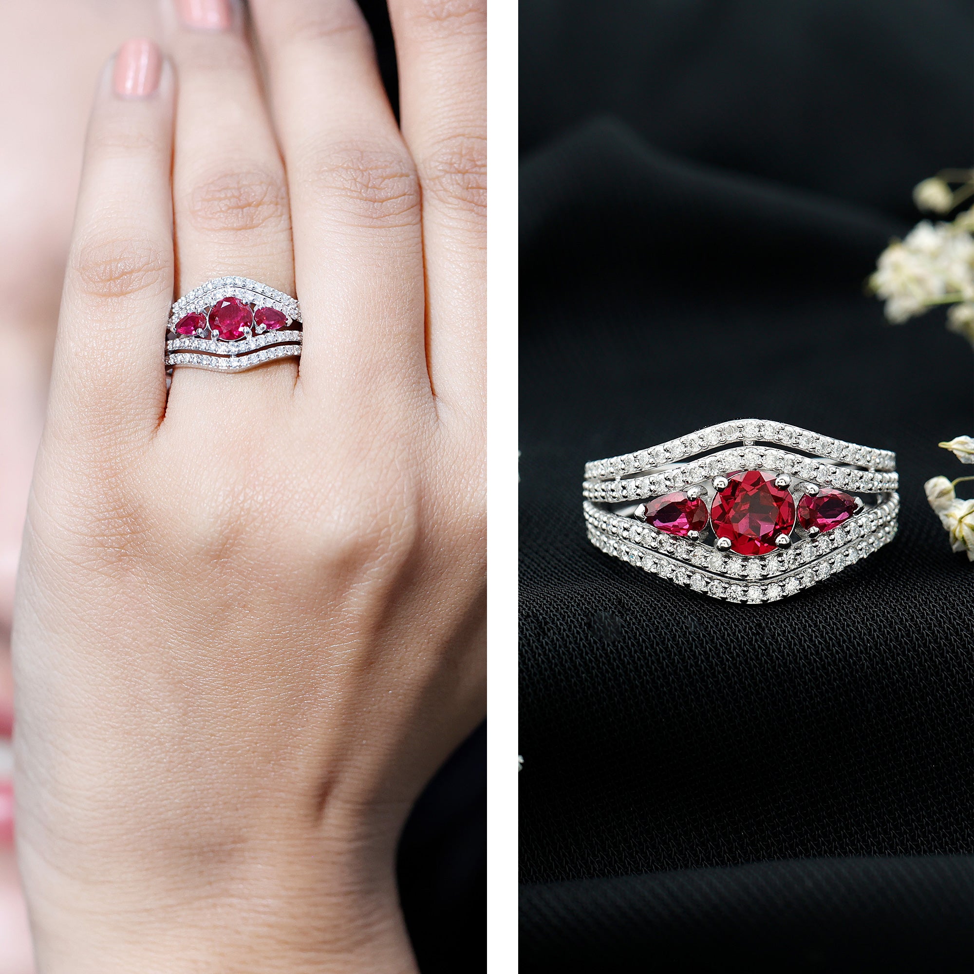 Designer Lab Created Ruby 3 Stone Engagement Ring With Moissanite AAAA - Rosec Jewels