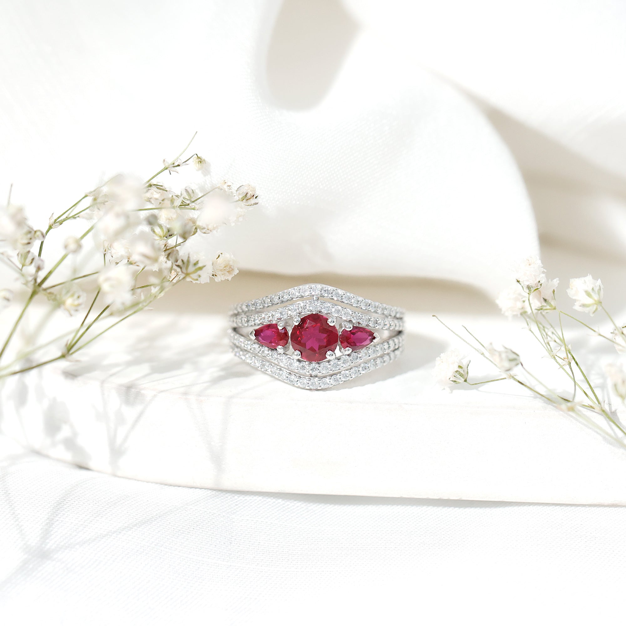 Rosec Jewels-Designer Lab Created Ruby 3 Stone Engagement Ring With Moissanite