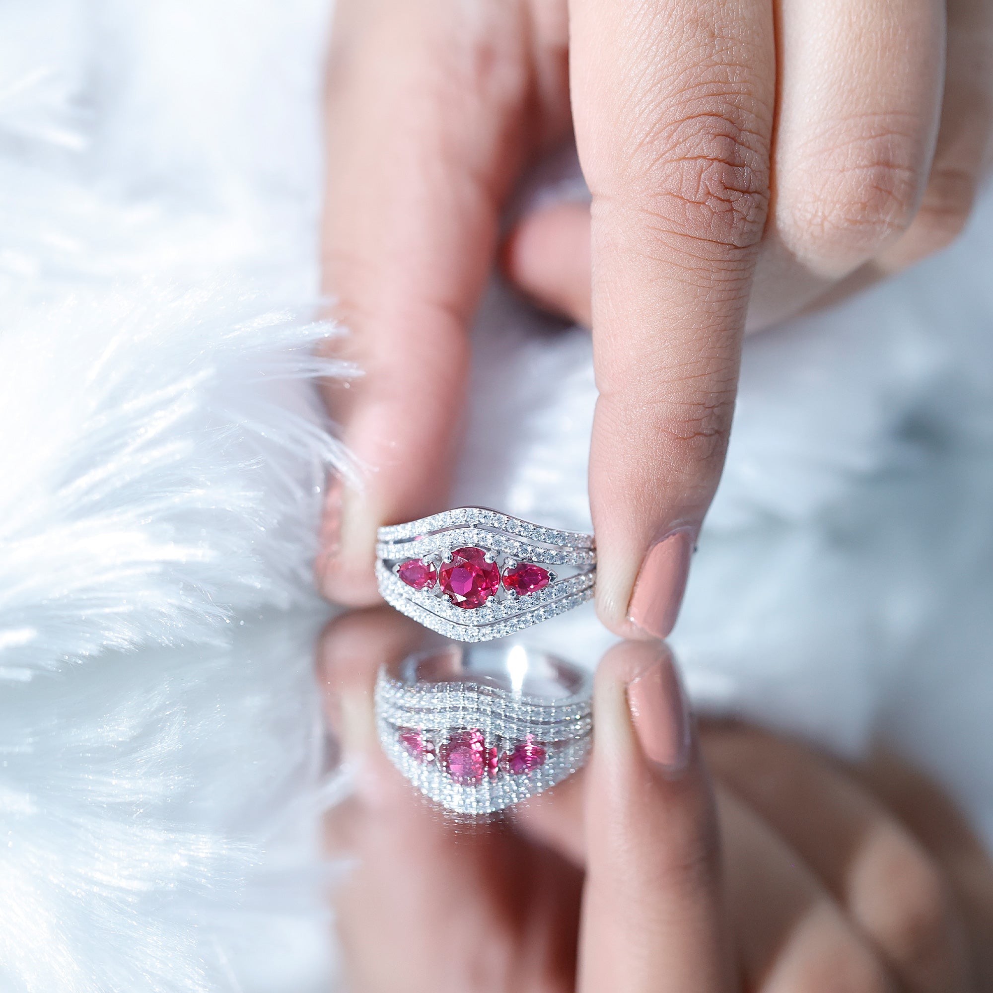 Rosec Jewels-Designer Lab Created Ruby 3 Stone Engagement Ring With Moissanite