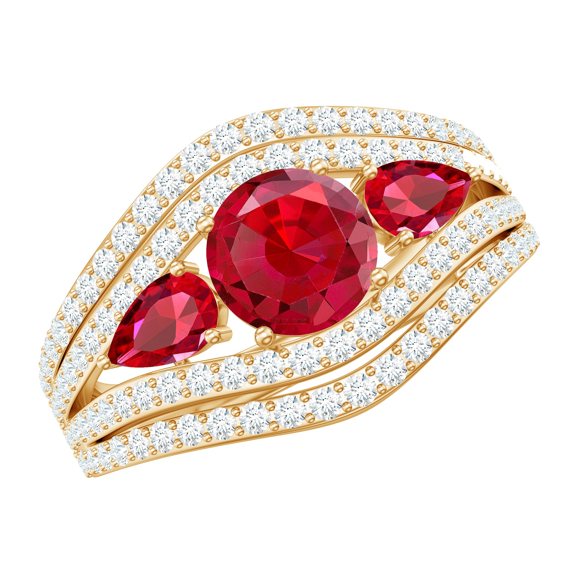 Created Ruby 3 Stone Engagement Ring With Moissanite AAAA - Rosec Jewels
