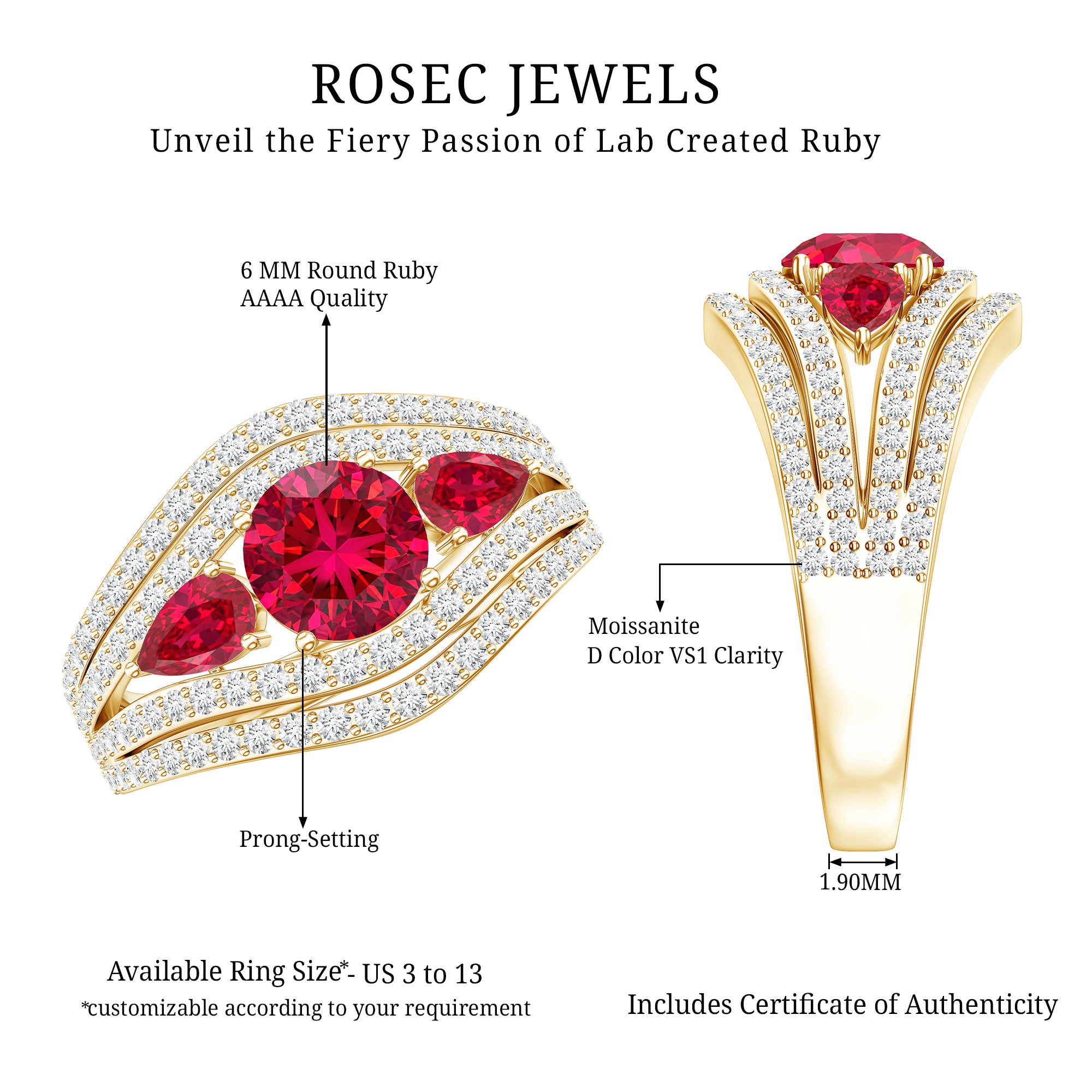 Designer Lab Created Ruby 3 Stone Engagement Ring With Moissanite AAAA - Rosec Jewels