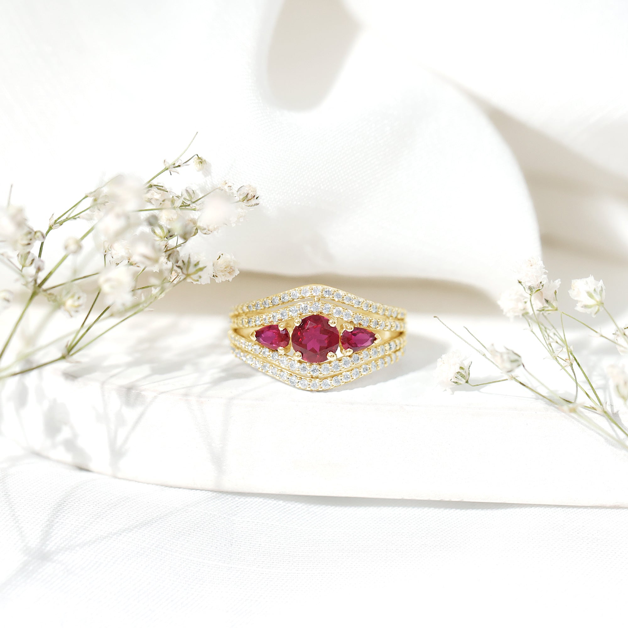 Designer Lab Created Ruby 3 Stone Engagement Ring With Moissanite AAAA - Rosec Jewels