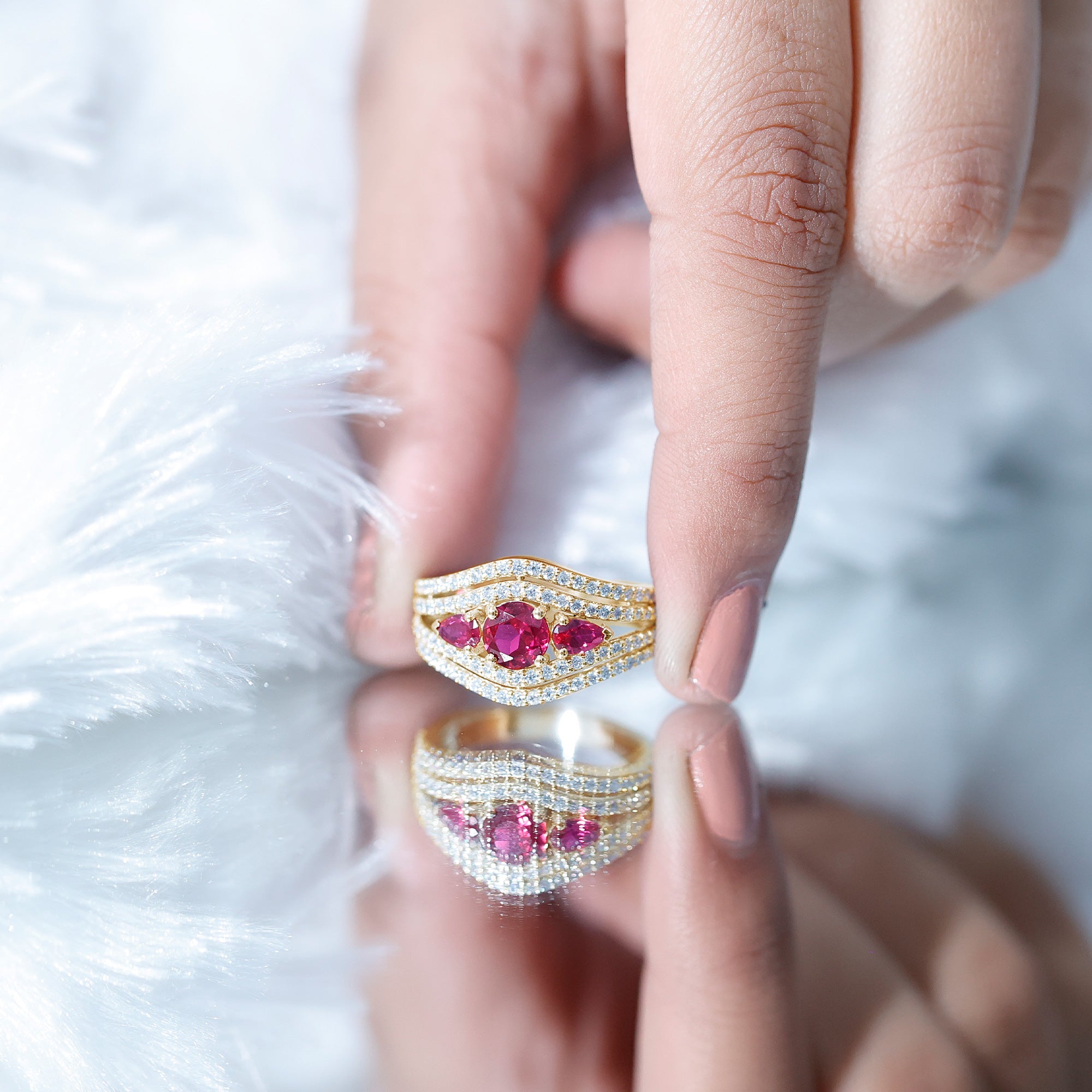 Designer Lab Created Ruby 3 Stone Engagement Ring With Moissanite AAAA - Rosec Jewels