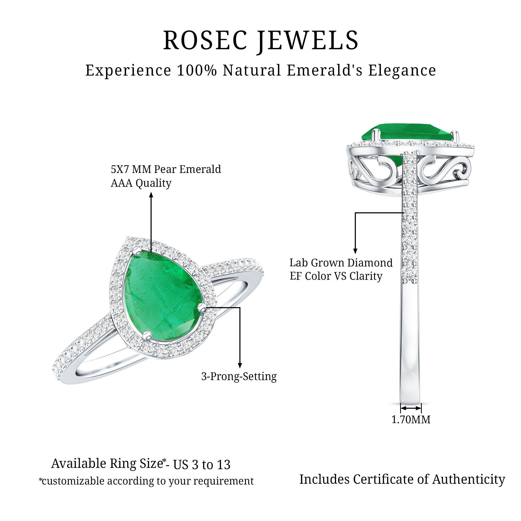 Certified Emerald Teardrop Engagement Ring with Diamond Halo AAA - Rosec Jewels