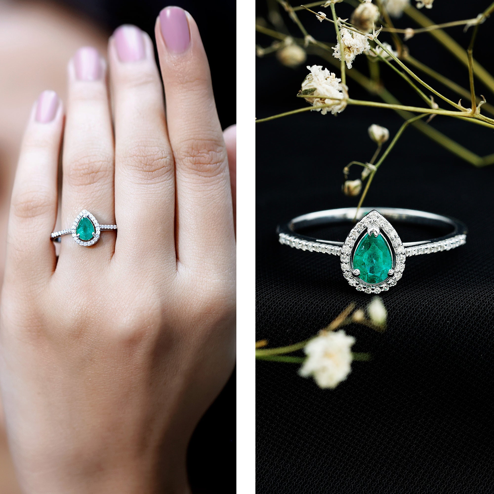 Certified Emerald Teardrop Engagement Ring with Diamond Halo AAA - Rosec Jewels