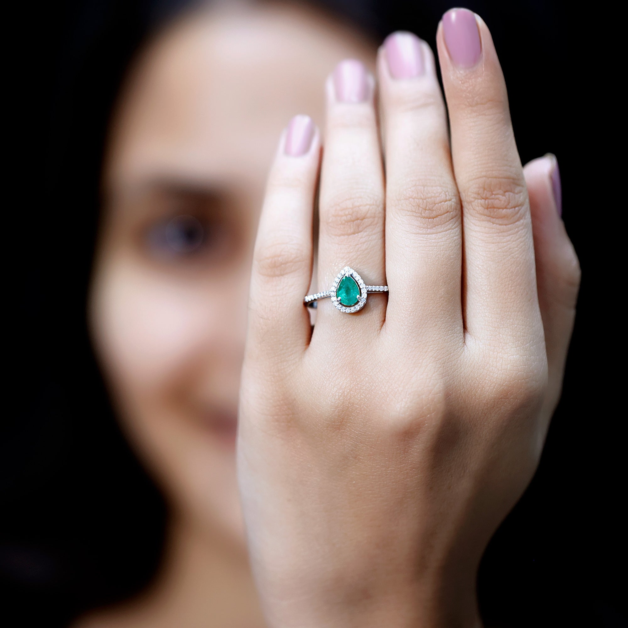 Certified Emerald Teardrop Engagement Ring with Diamond Halo AAA - Rosec Jewels