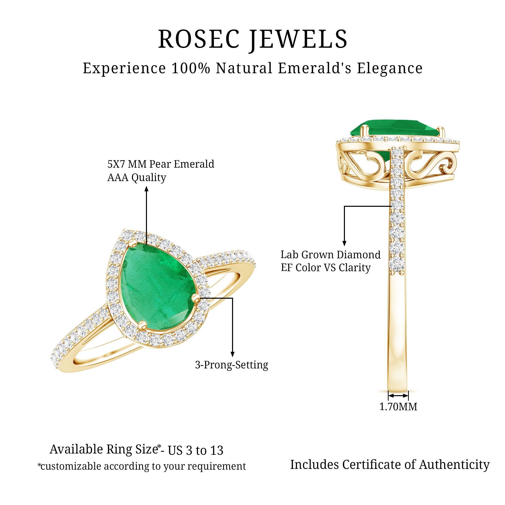 Certified Emerald Teardrop Engagement Ring with Diamond Halo AAA - Rosec Jewels