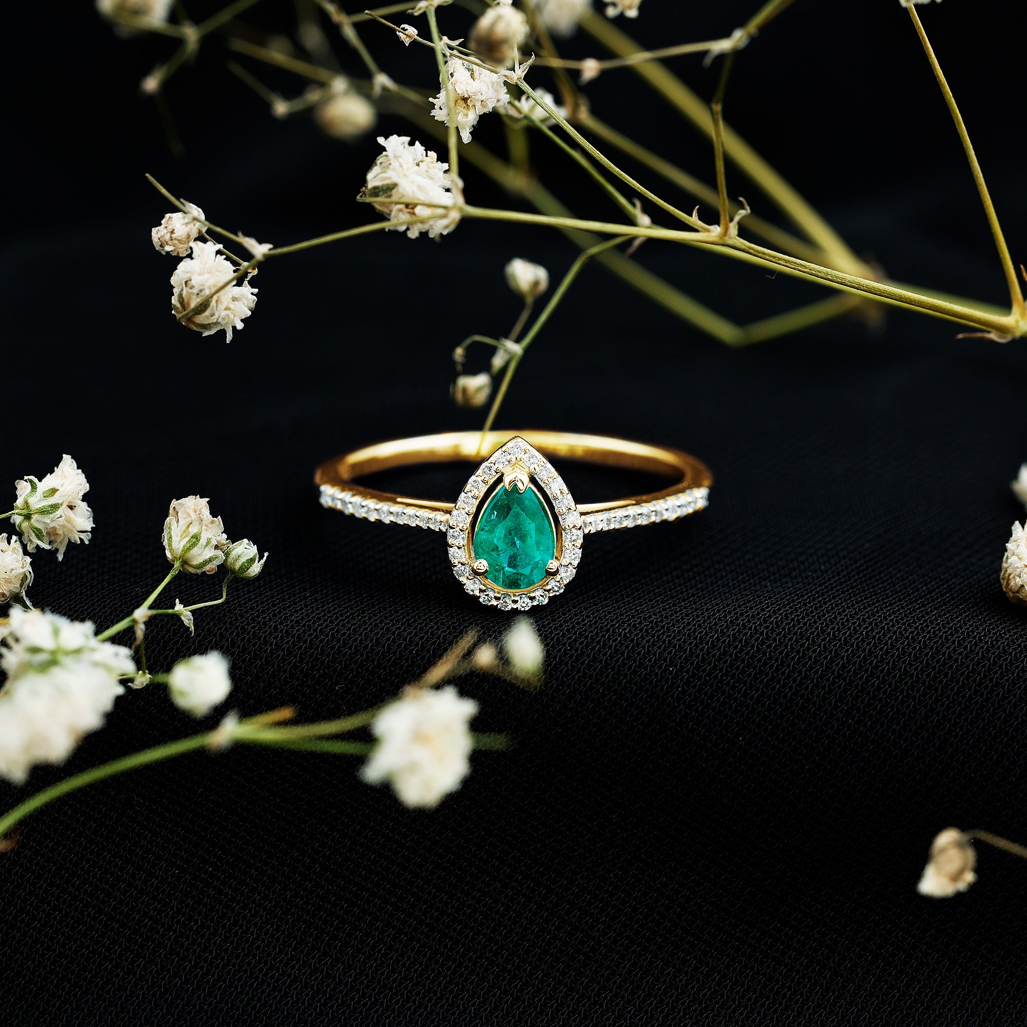 Certified Emerald Teardrop Engagement Ring with Diamond Halo AAA - Rosec Jewels