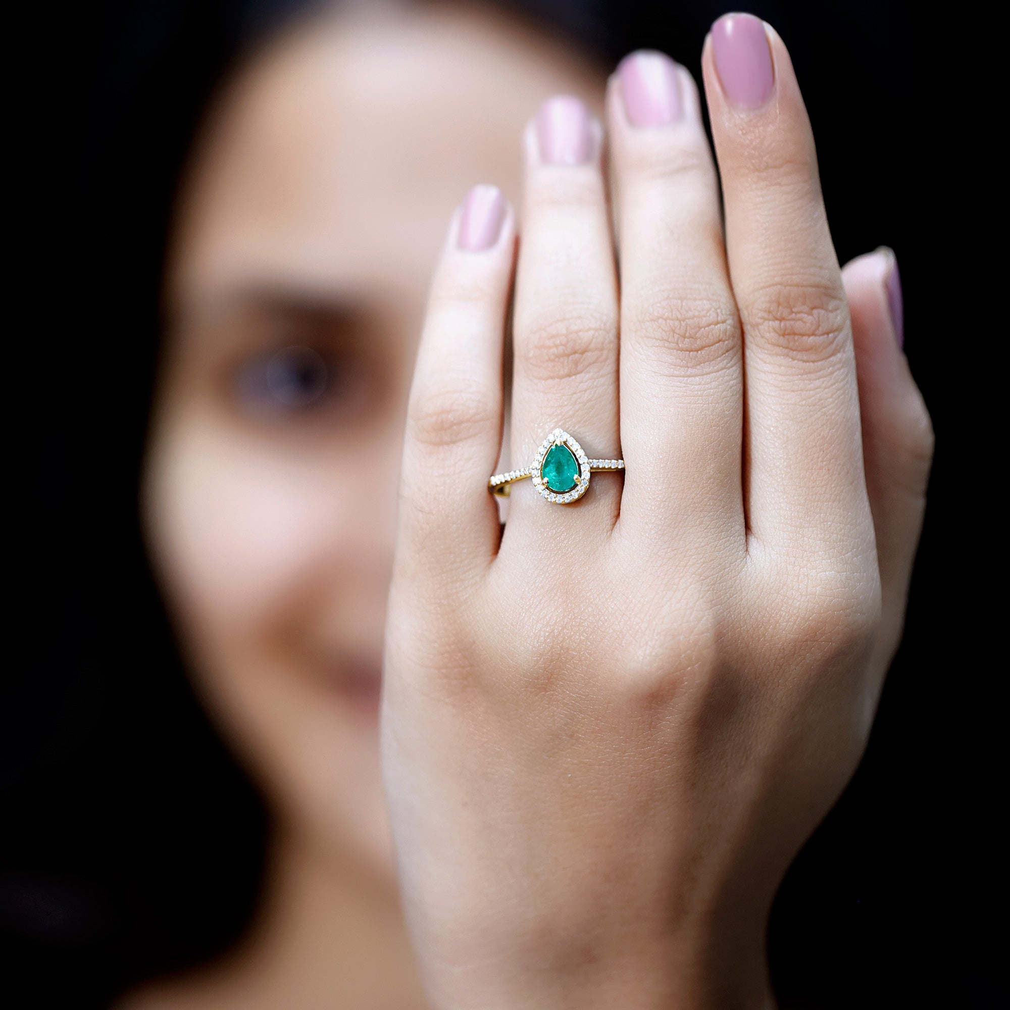 Certified Emerald Teardrop Engagement Ring with Diamond Halo AAA - Rosec Jewels