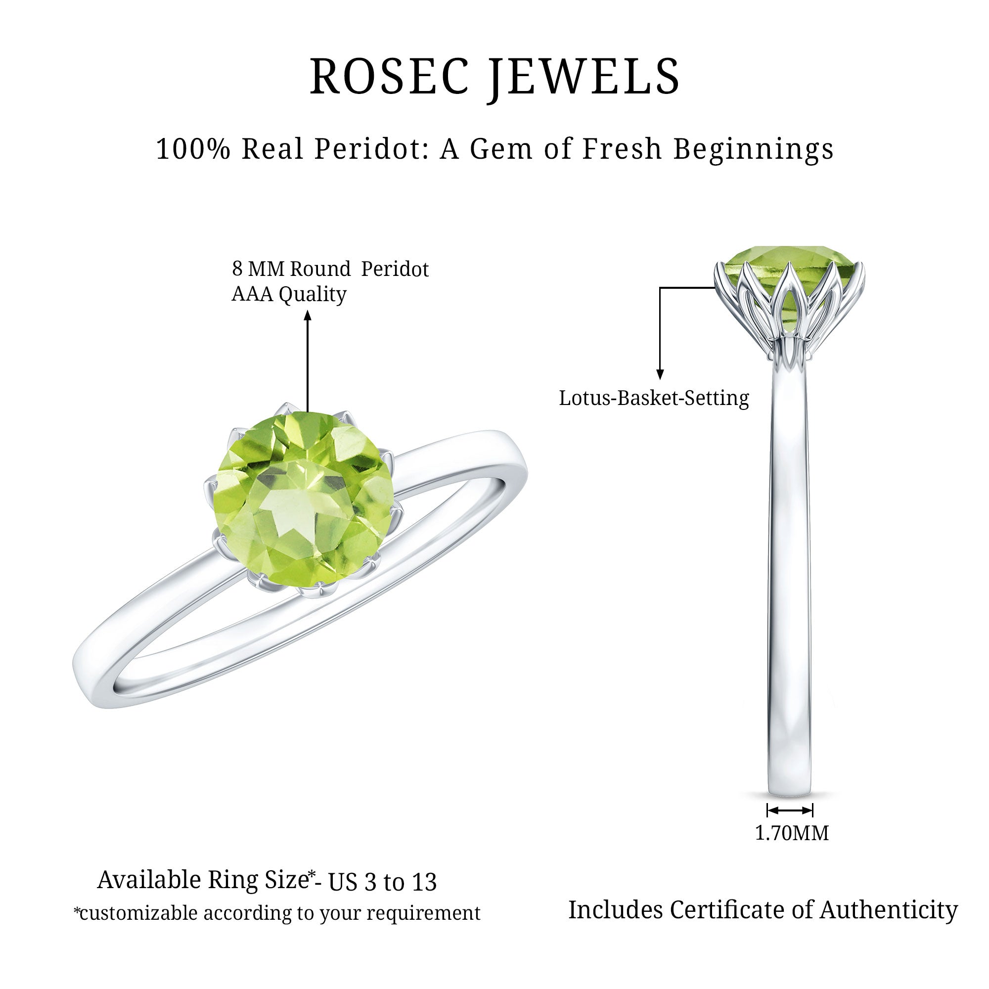 Genuine 2 Carat Peridot Engagement Ring in Lotus Basket Setting AAA - Rosec Jewels