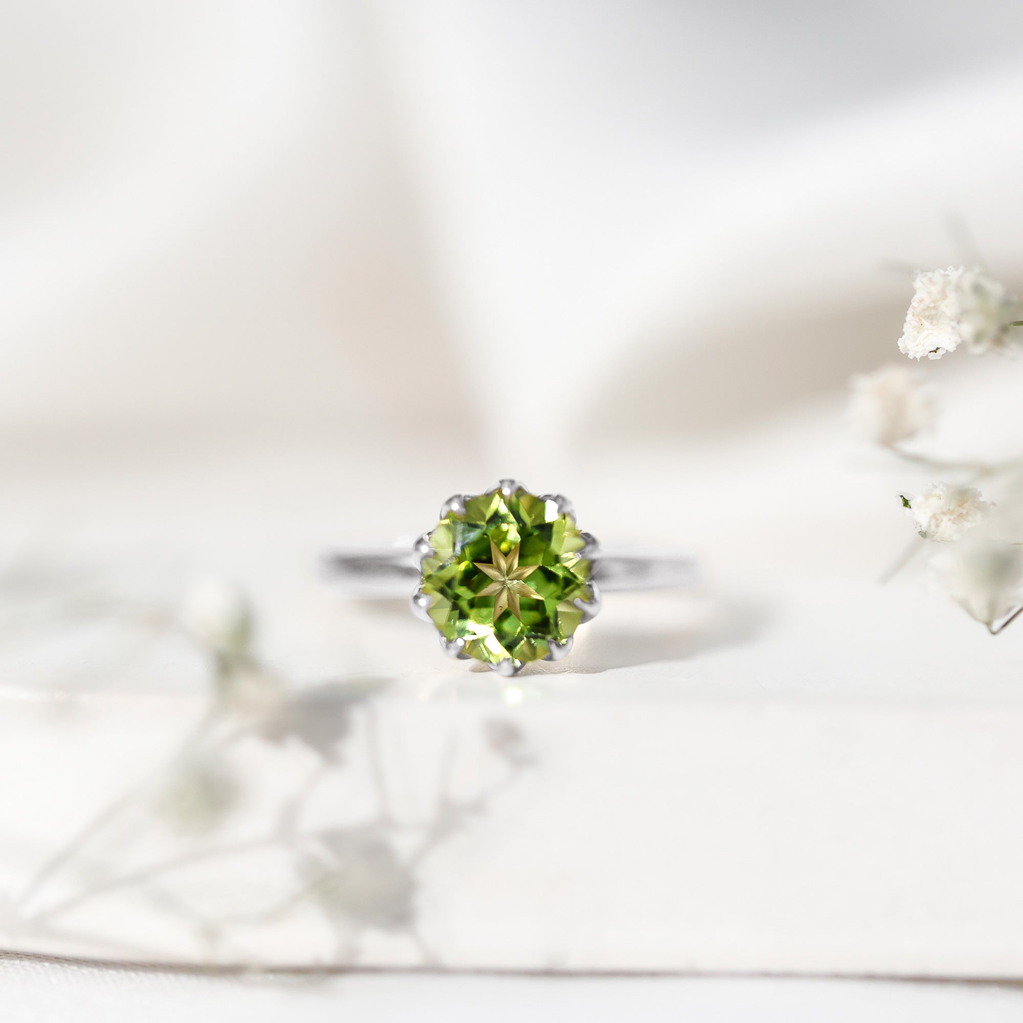 Genuine 2 Carat Peridot Engagement Ring in Lotus Basket Setting AAA - Rosec Jewels