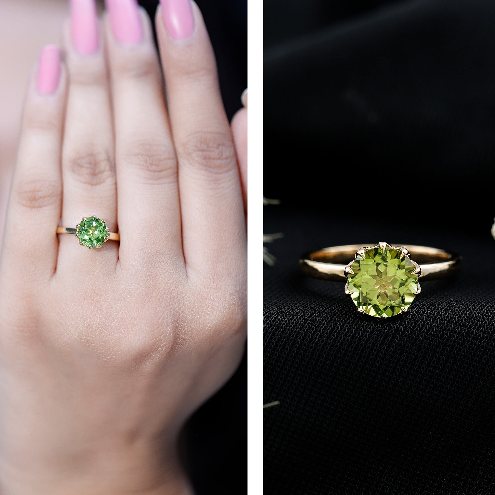 Genuine 2 Carat Peridot Engagement Ring in Lotus Basket Setting AAA - Rosec Jewels