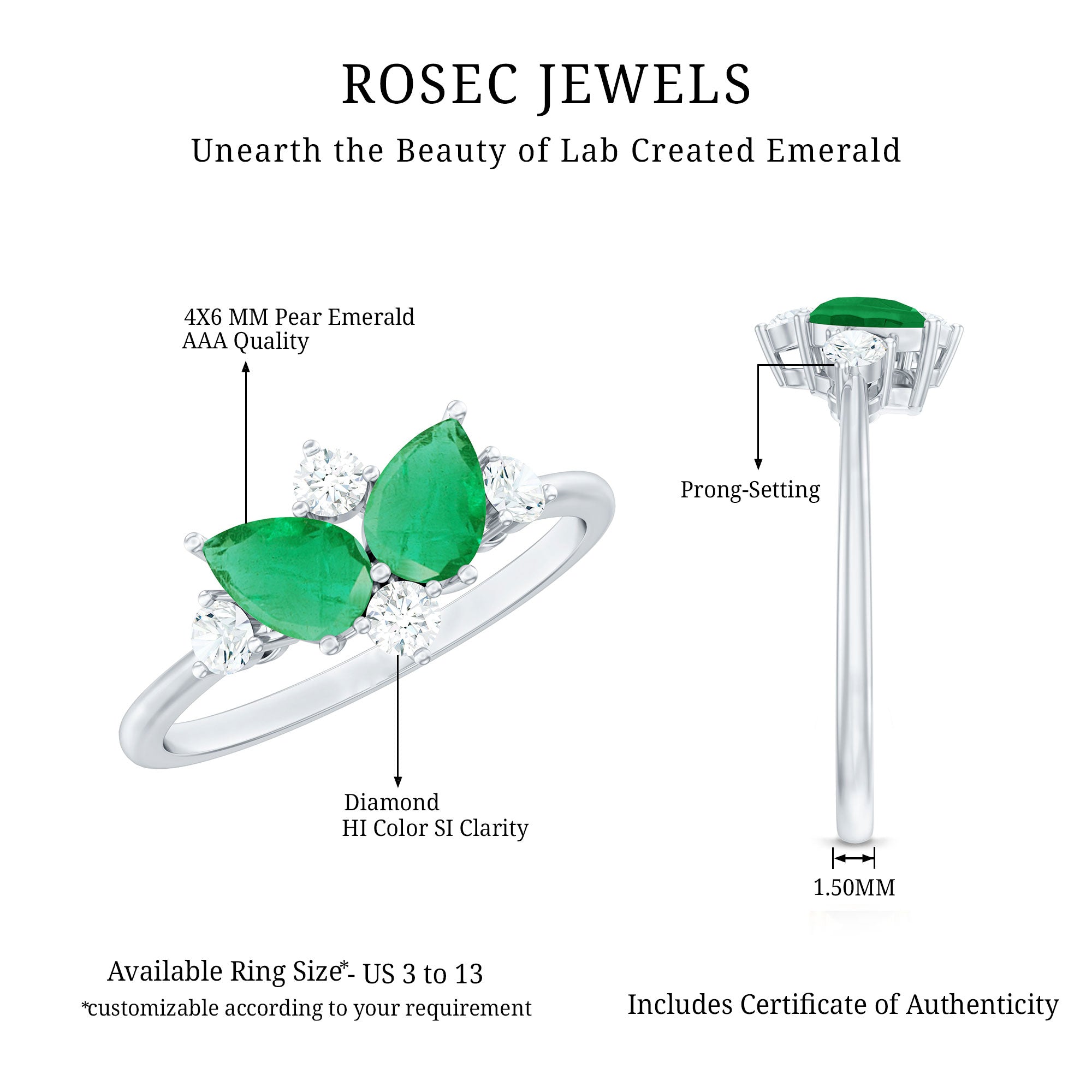 Natural Pear Shape Emerald Toi Et Moi Engagement Ring with Diamond AAA - Rosec Jewels