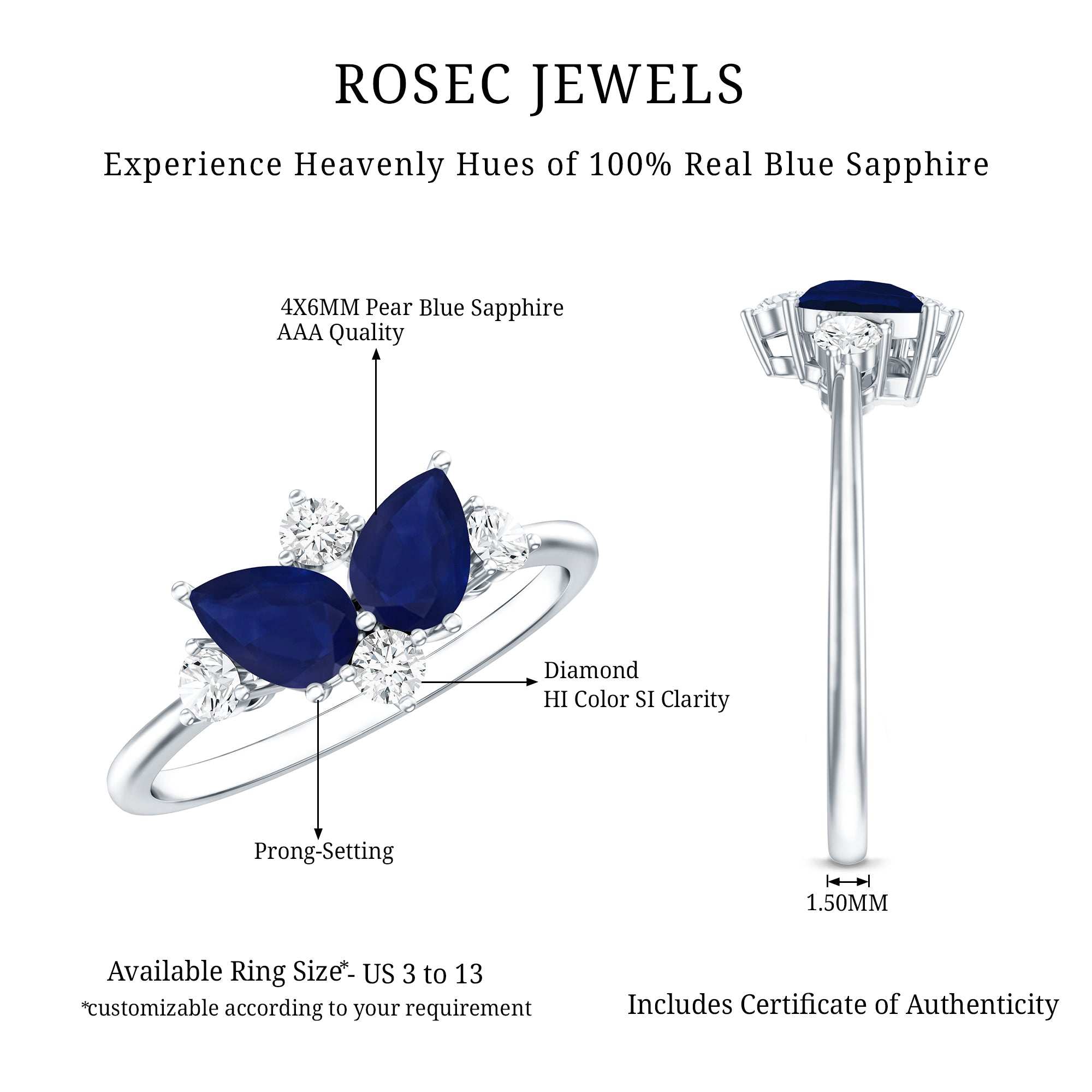 Genuine Blue Sapphire and Diamond Cluster Engagement Ring with Certificate AAA - Rosec Jewels