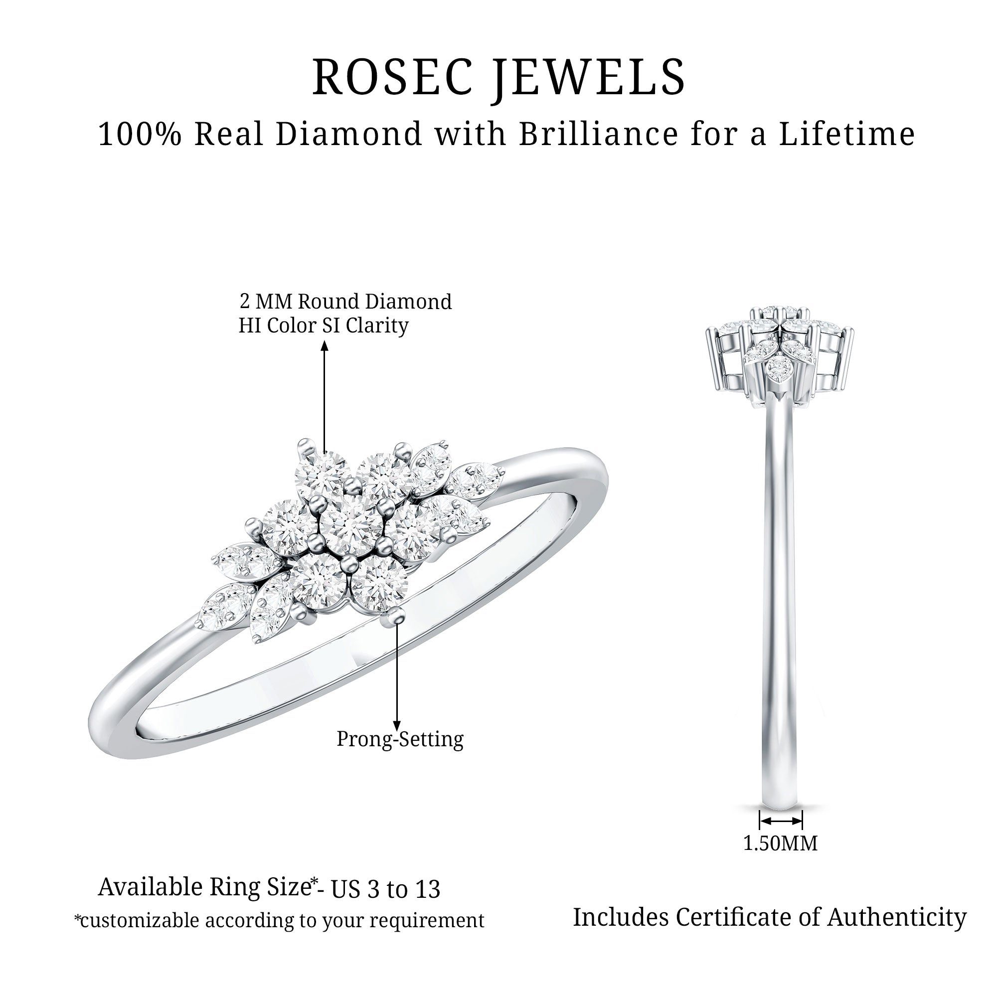 Certified Diamond Flower Promise Ring Natural - ( HI-SI ) - Rosec Jewels