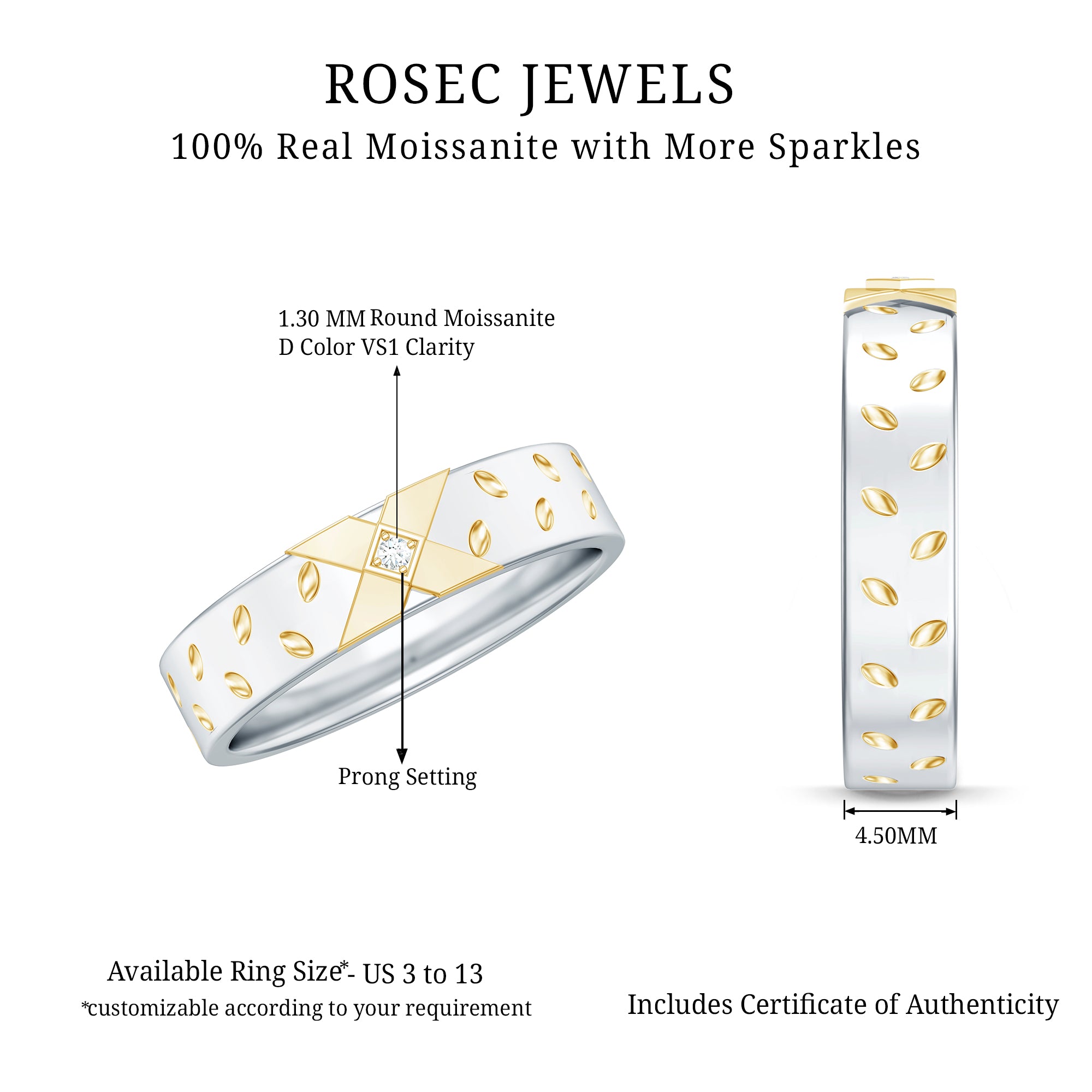 Rosec Jewels-Two Tone Cross Wedding Band with Moissanite