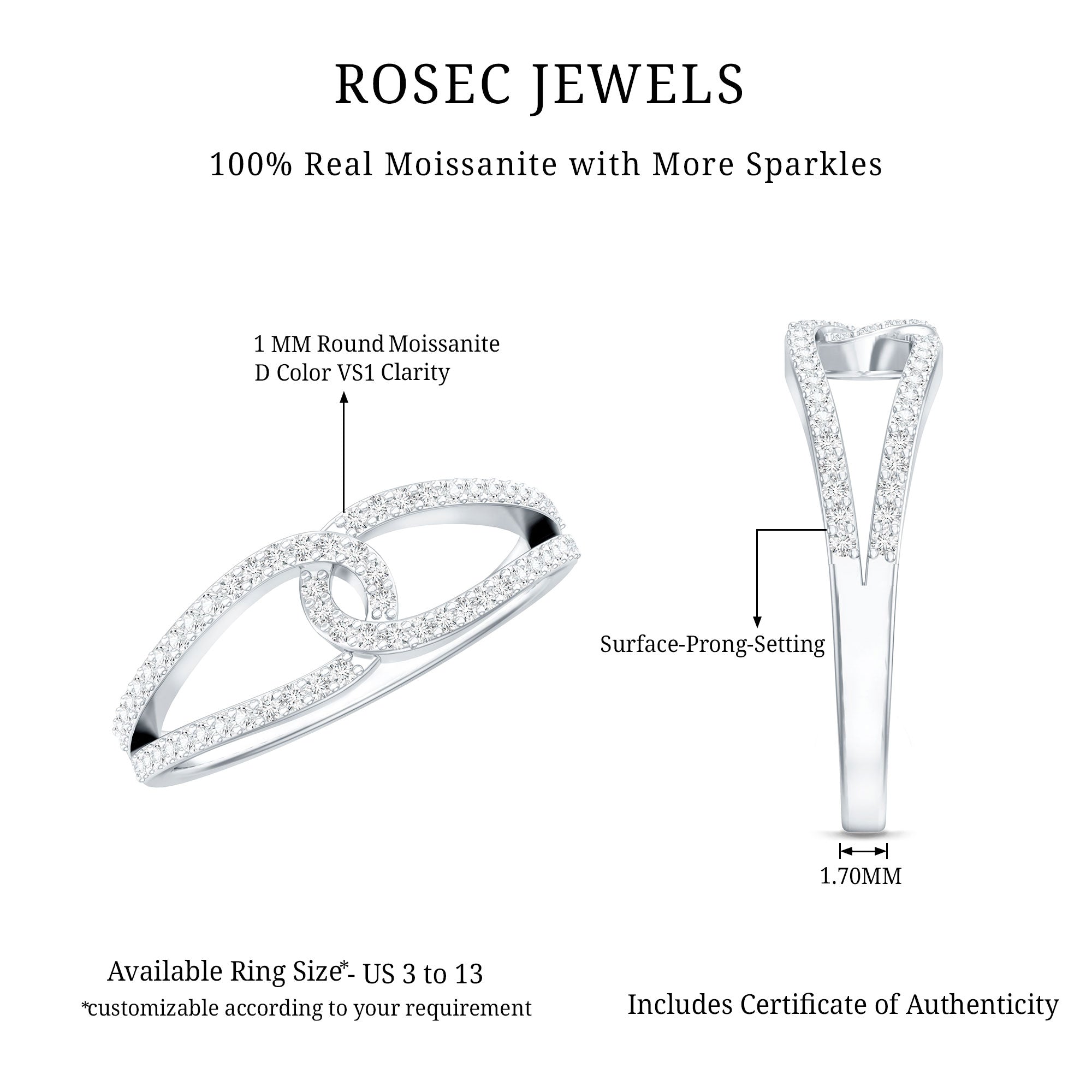 Certified Moissanite Infinity Promise Ring D-VS1 - Rosec Jewels