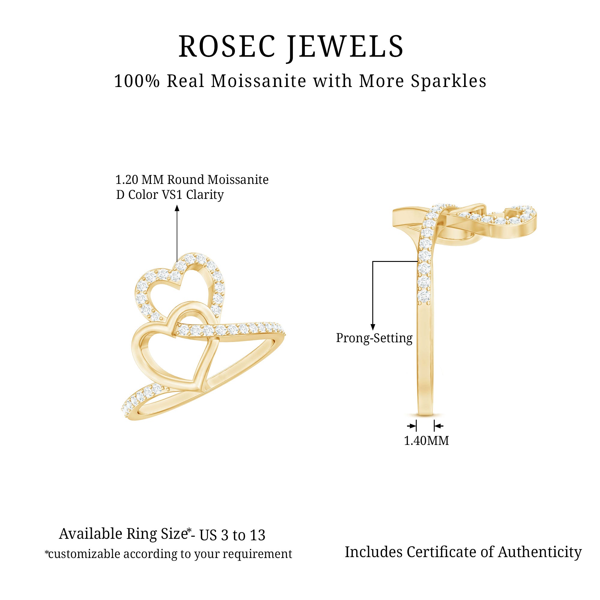 Certified Moissanite 2 Heart Promise Ring D-VS1 - Rosec Jewels