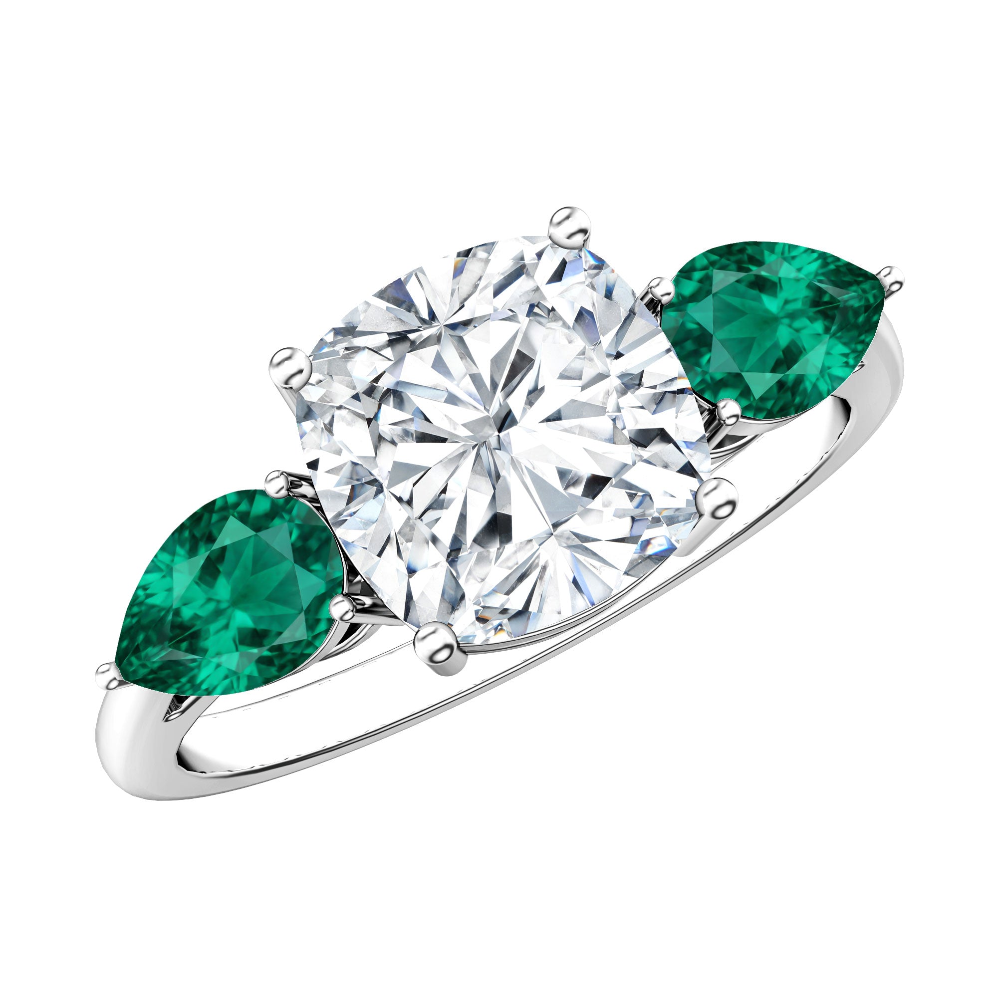 3 CT Moissanite Three Stone Engagement Ring With Emerald D-VS1 - Rosec Jewels