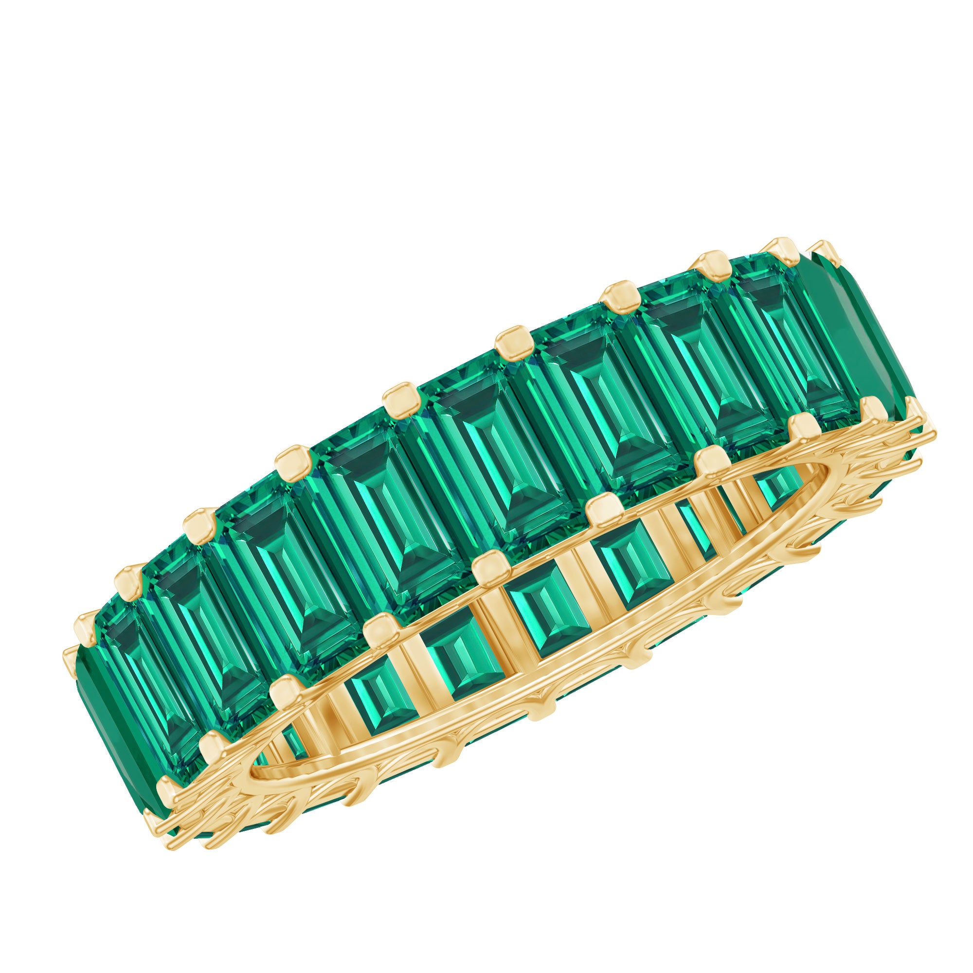 Emerald Cut Lab Grown Emerald Eternity Wedding Band AAAA 14K Yellow Gold Plated Silver - Rosec Jewels