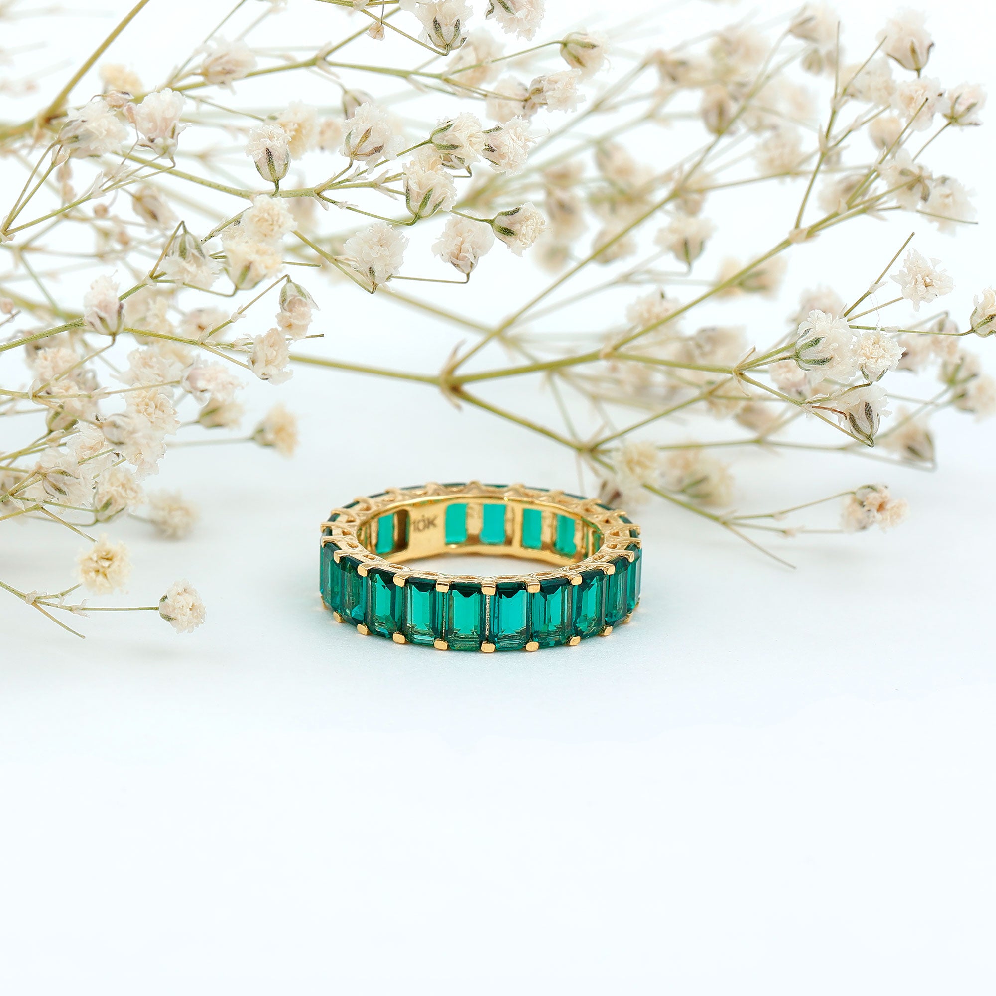 Emerald Cut Lab Grown Emerald Eternity Wedding Band AAAA 14K Yellow Gold Plated Silver - Rosec Jewels