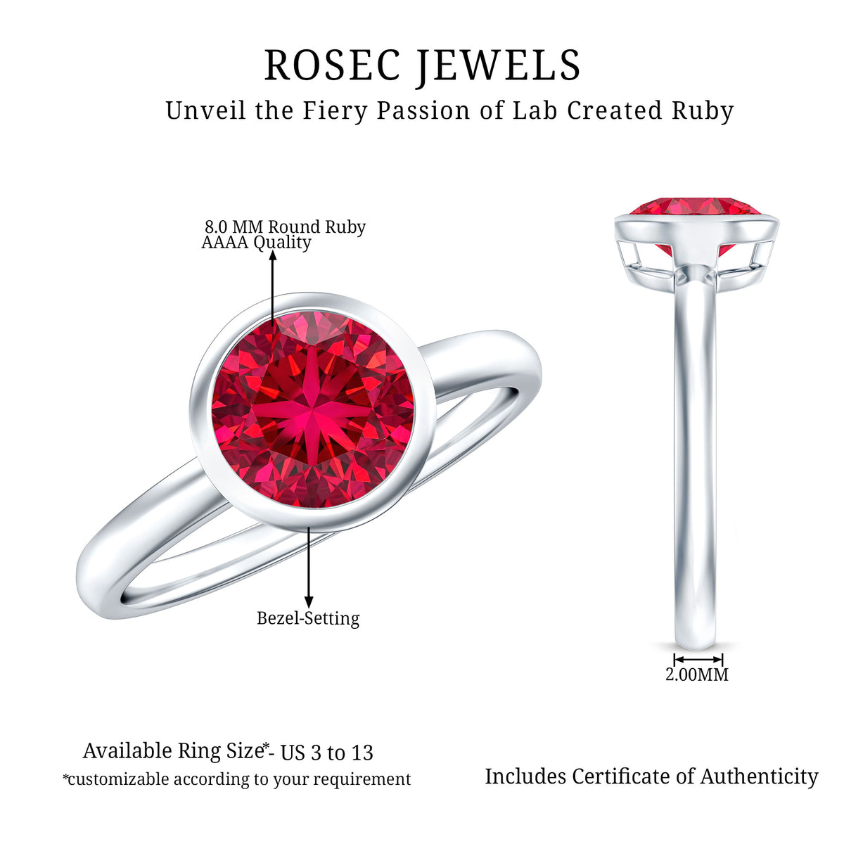 Bezel Set 2 Carat Lab Created Ruby Solitaire Engagement Ring AAAA - Rosec Jewels